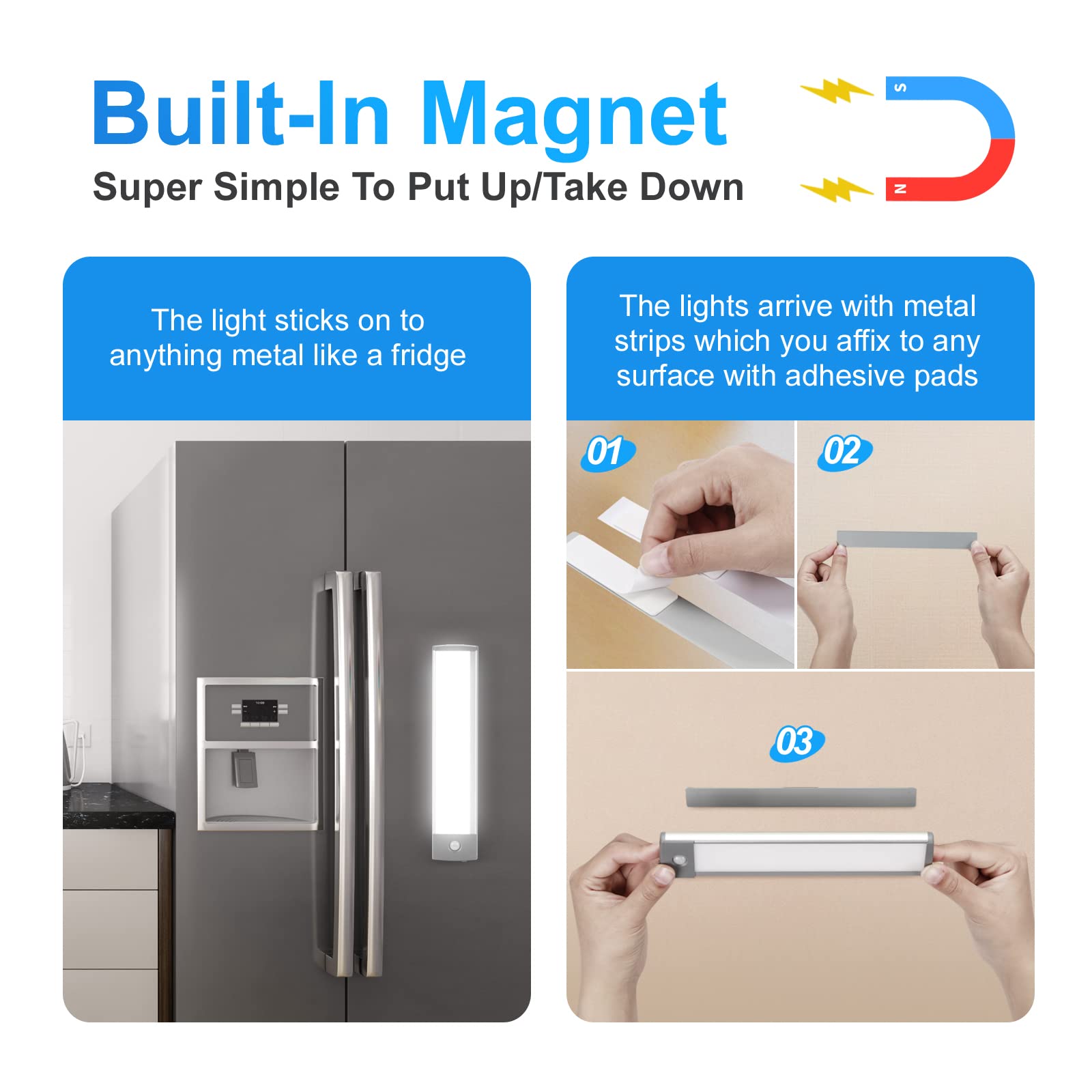 30-Led Under Cabinet Lights,Usb Rechargeable Kitchen Cupboard Night Light,Battery Operated Under Counter Closet Lighting,Motion