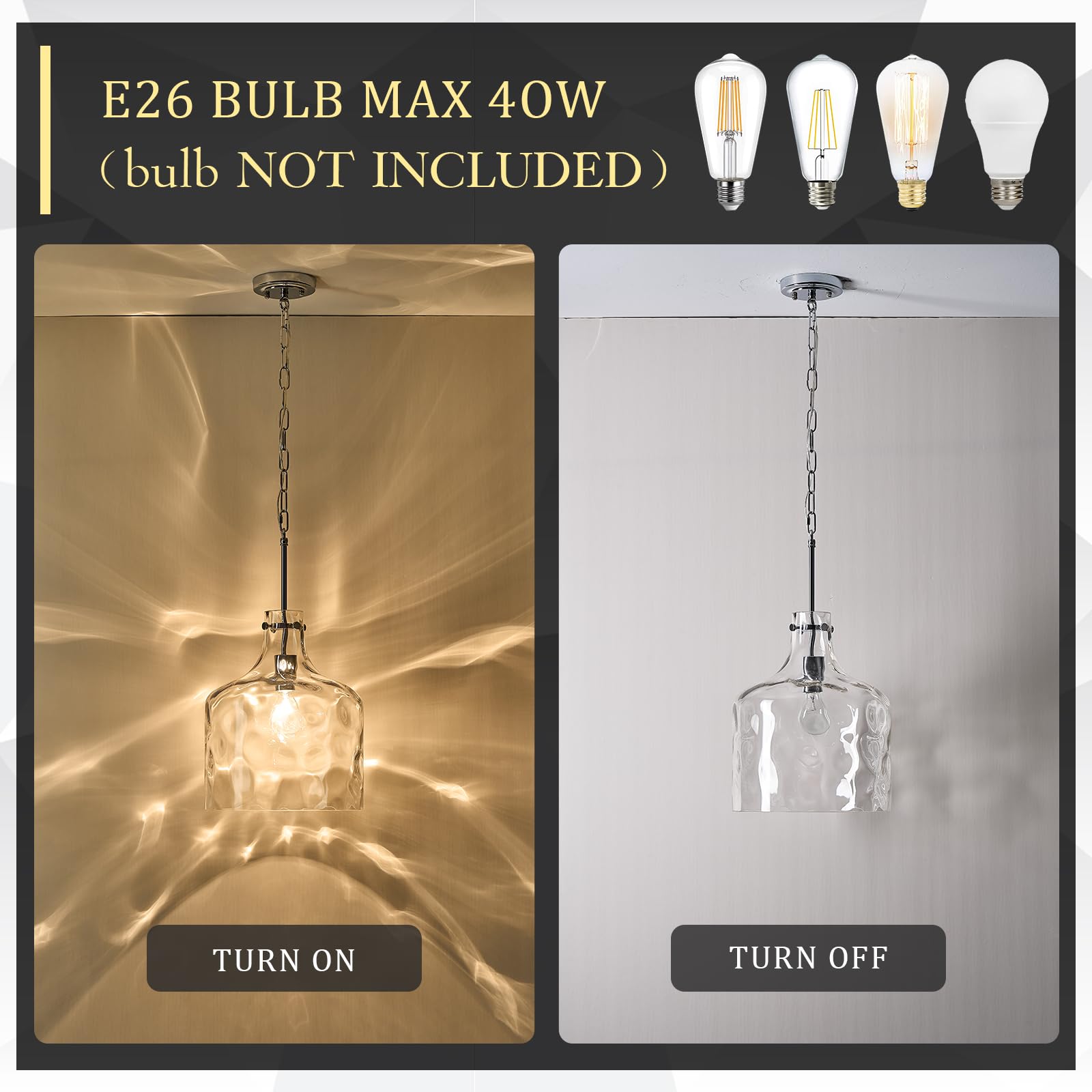 Glass Pendant Light Vintage Farmhouse Pendant Lighting With Handblown Clear Hammered Glass Shade, Adjustable Chain Ceiling Light