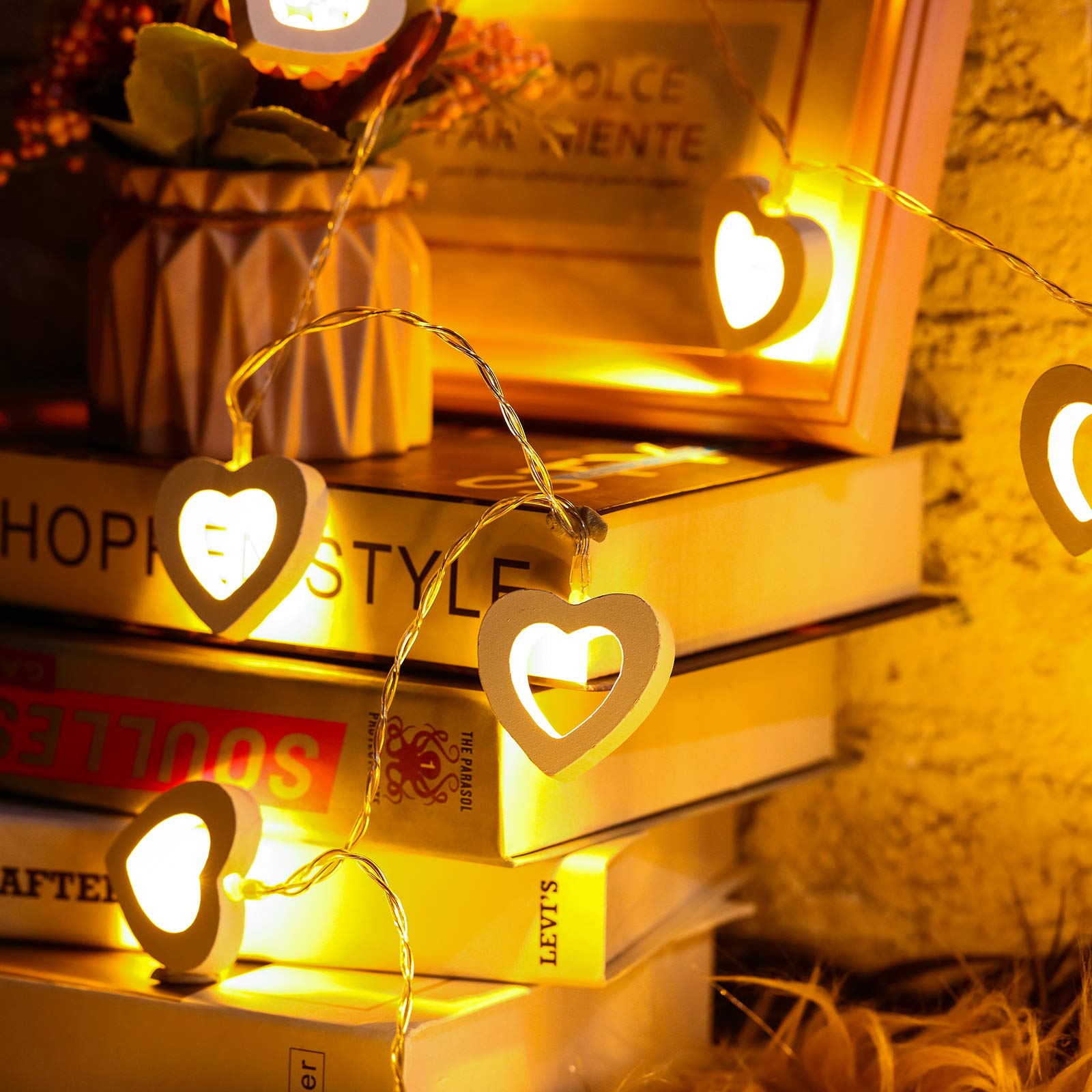 Mudder Valentines Day Wooden Heart String Lights LED Fairy Hanging Love Lights Lamp Battery Operated Valentines Day Decoration f