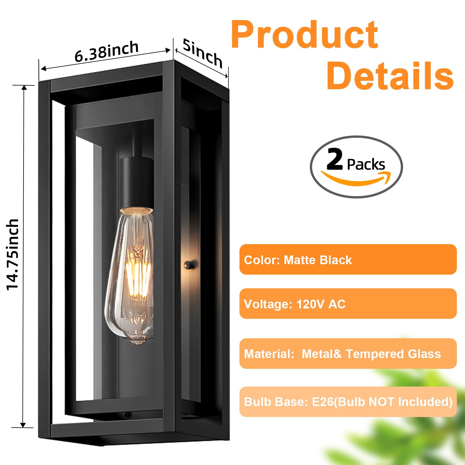 Slypadan 15" Outdoor Wall Lights, 2-Pack Matte Black Sconces, Waterproof Fixtures with Clear Glass Shade for Porch & Garage