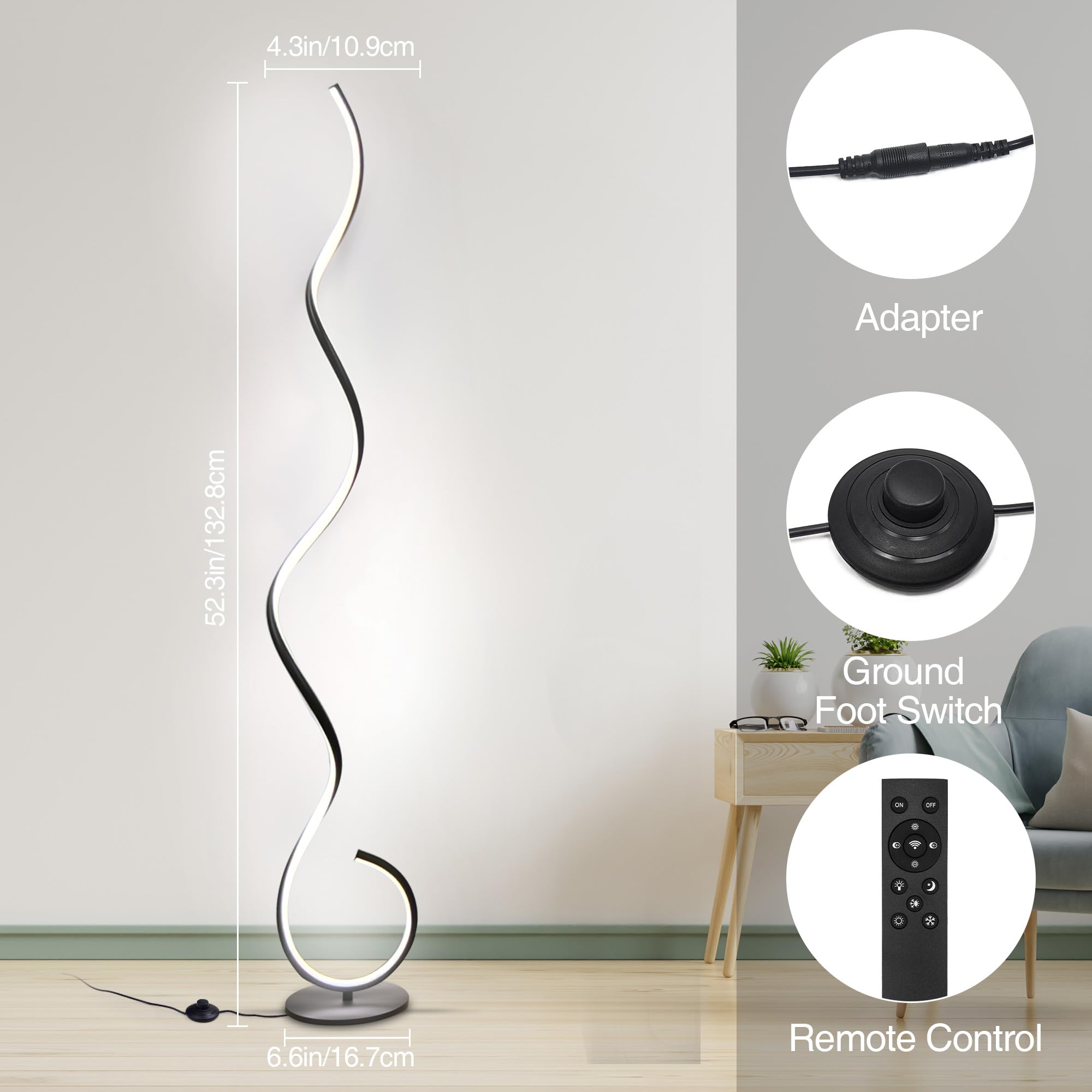 CHICLUX LED Floor Lamp, Dimmable 3 Color Temperatures, Metal, Model LX-87122, Spiral Design, Modern Light for Living Room and Office