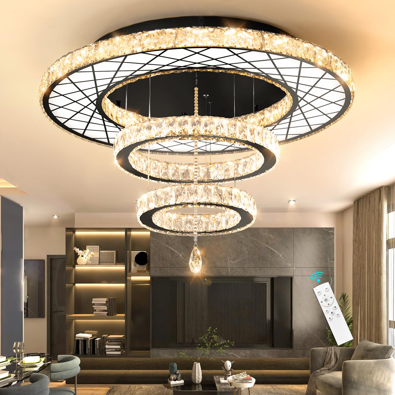 HAIXIANG Crystal Glam Chandelier LED Ceiling Light Living Room Lighting Fixtures Remote Dimmable Ceiling Chandeliers 40 Inches L