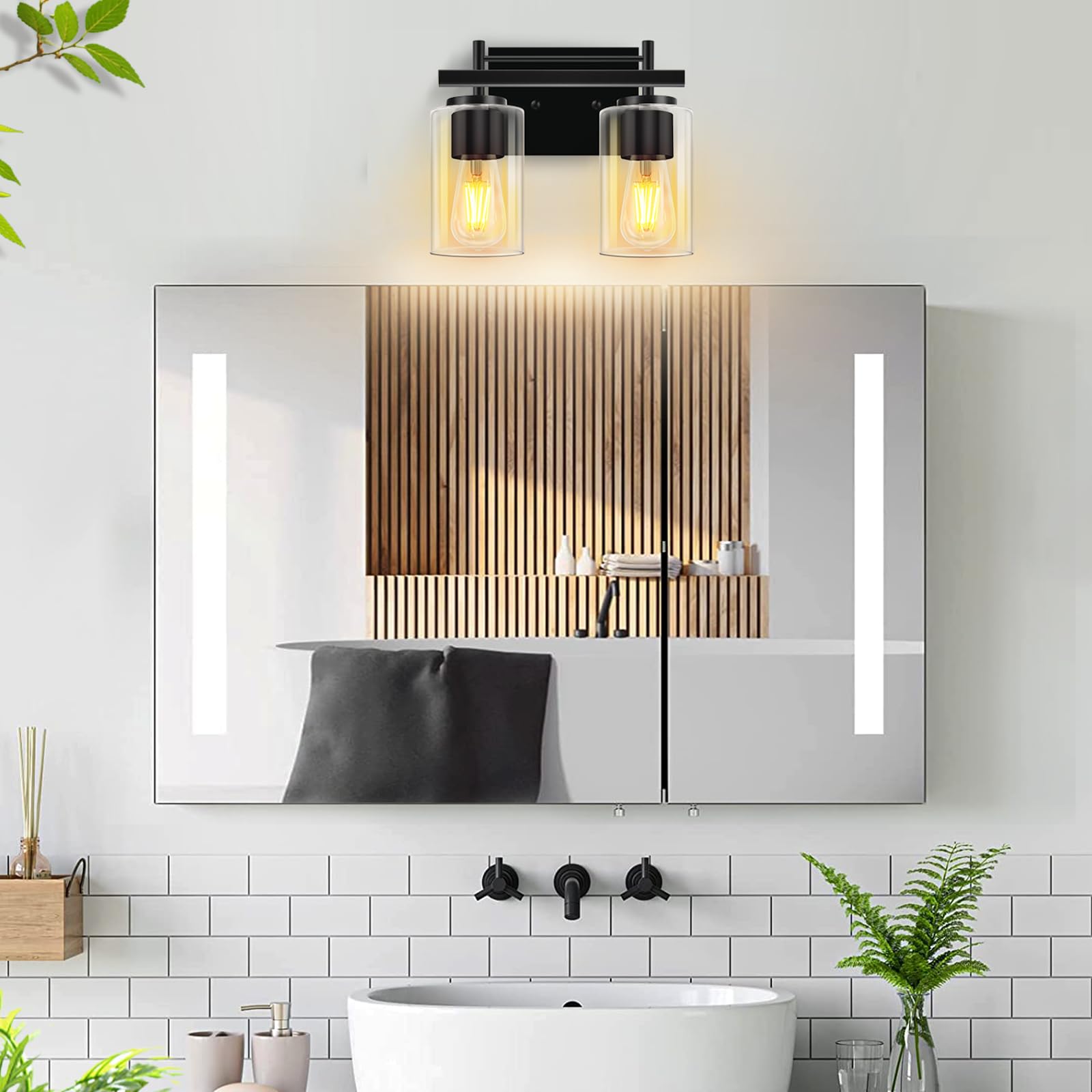 LWSOY Bathroom Vanity Light - 2-Lights, Vintage Wall Mounted, Metal, Black, Model YSD-02, 11 Inch Clear Glass Shade