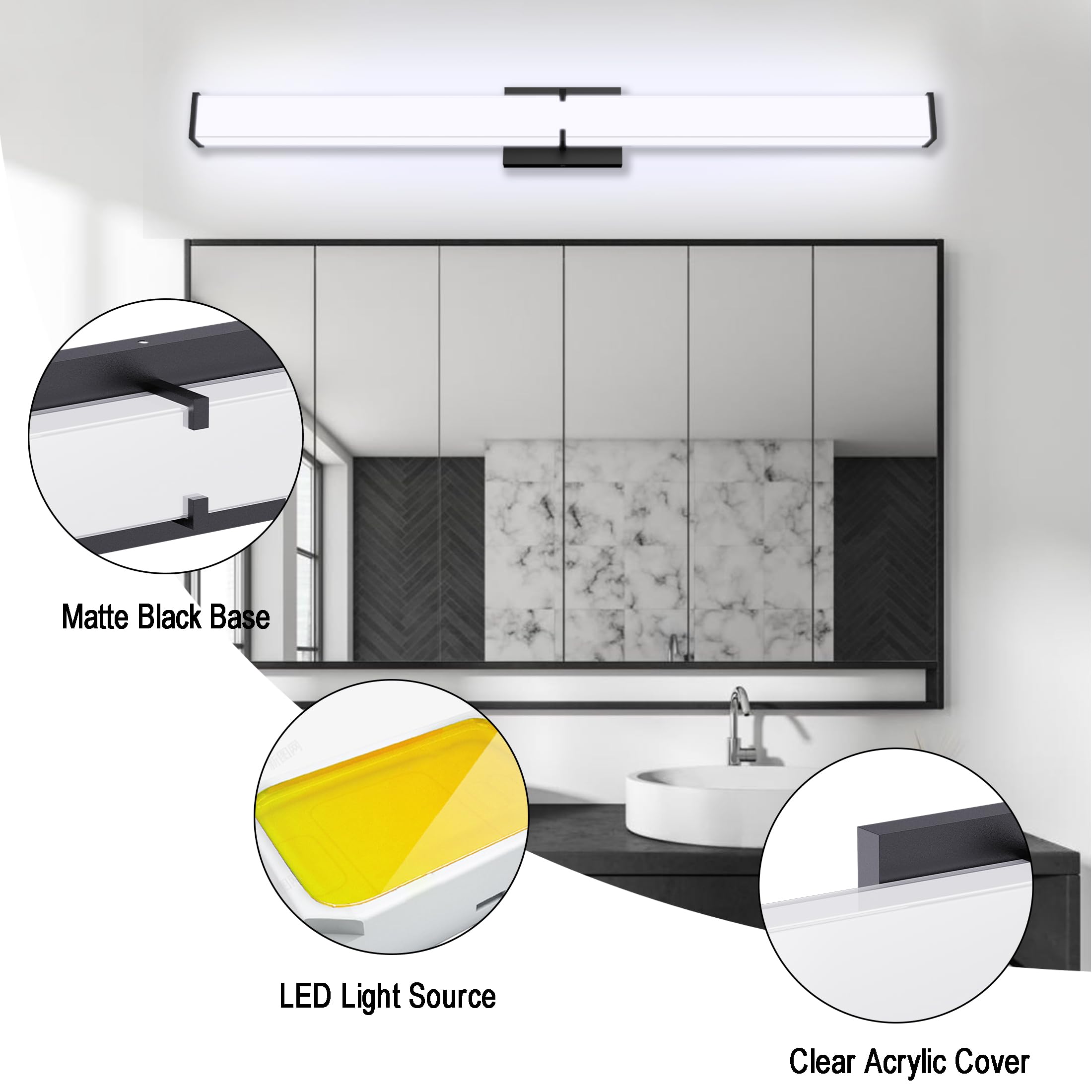 Bathroom Light Fixtures: 39.96 Inch Etl Certified Bathroom Vanity Light 5000K Cool White 40W 3600Lm - Modern Black Led Vanity Light Elegant Clear Shade  Bathroom Lighting Fixtures Over Mirror Dimmable