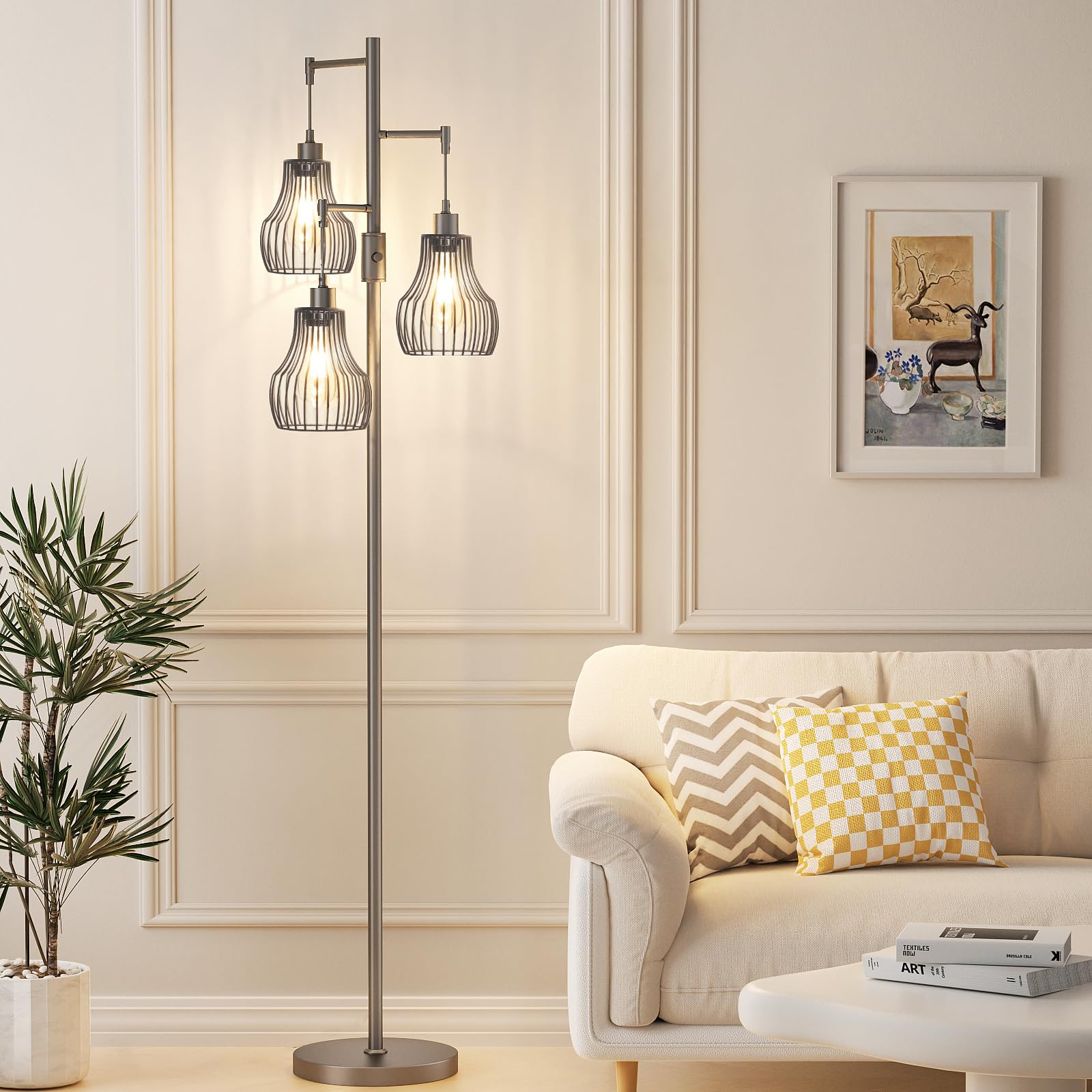 Ziisee Dimmable Floor Lamps For Living Room, Industrial Tree Standing Tall Lamps With 3 Elegant Cage Shade For Bedroom Office -