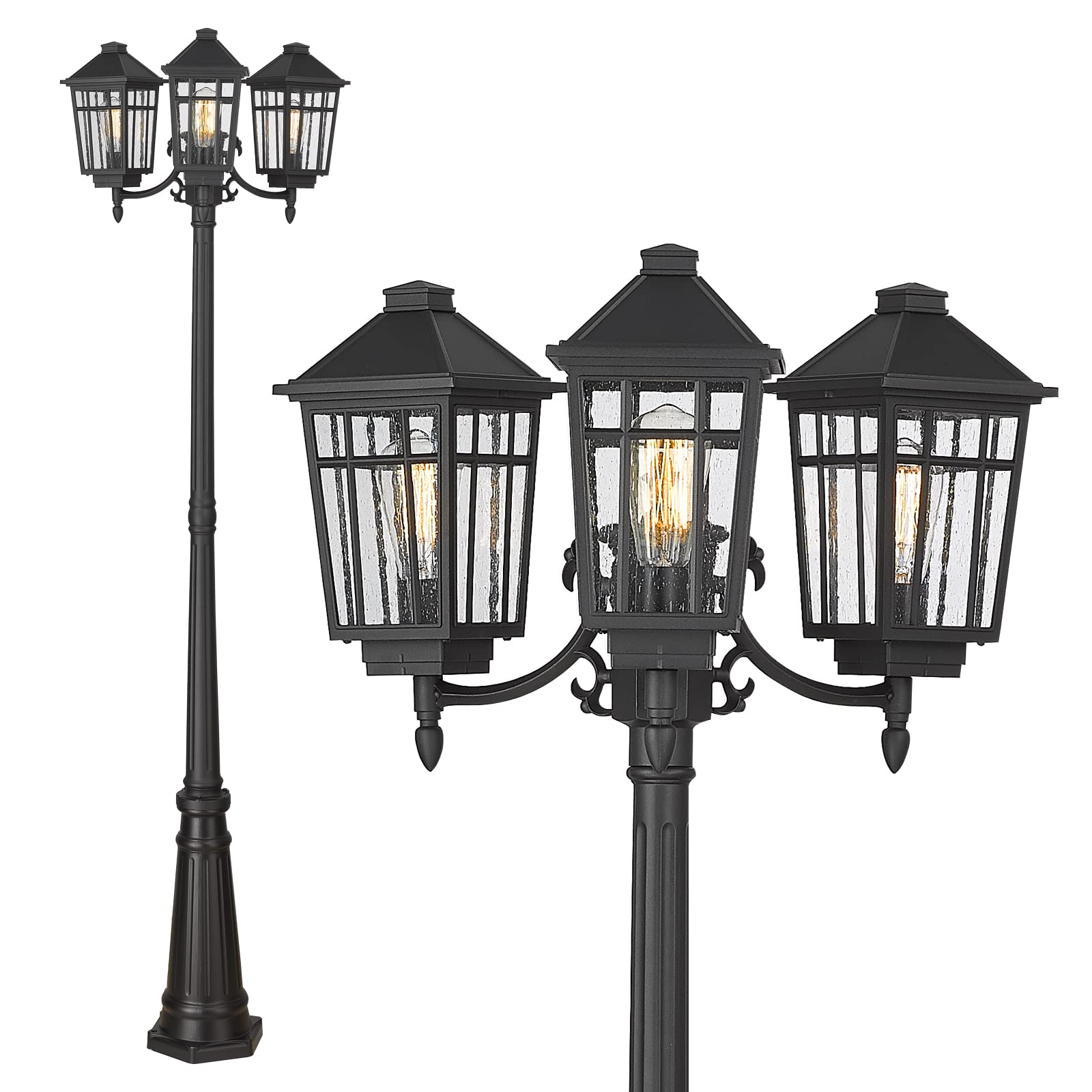 Darkaway Outdoor Post Light 3-Head Outdoor Street Light Pole Lamp Posts Road Lighting Waterproof Aluminum With Glass Outside Lighting Fixture For Backyard Garden Patio Pathway