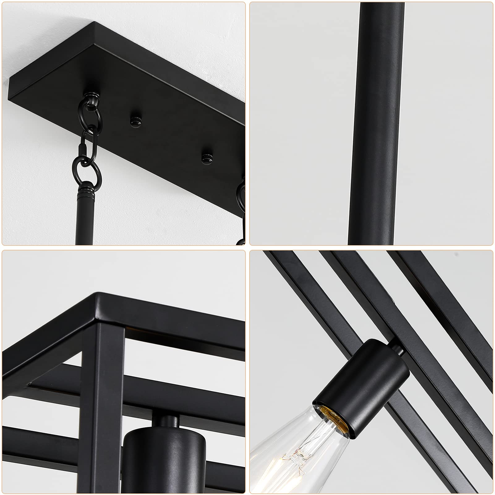 Xislthotsl Black 4-Light Industrial Vintage Chandelier, Modern Linear Rectangular Cage Hanging Light Fixture For Farmhouse Kitchen, Dining Room, Bar, Living Room