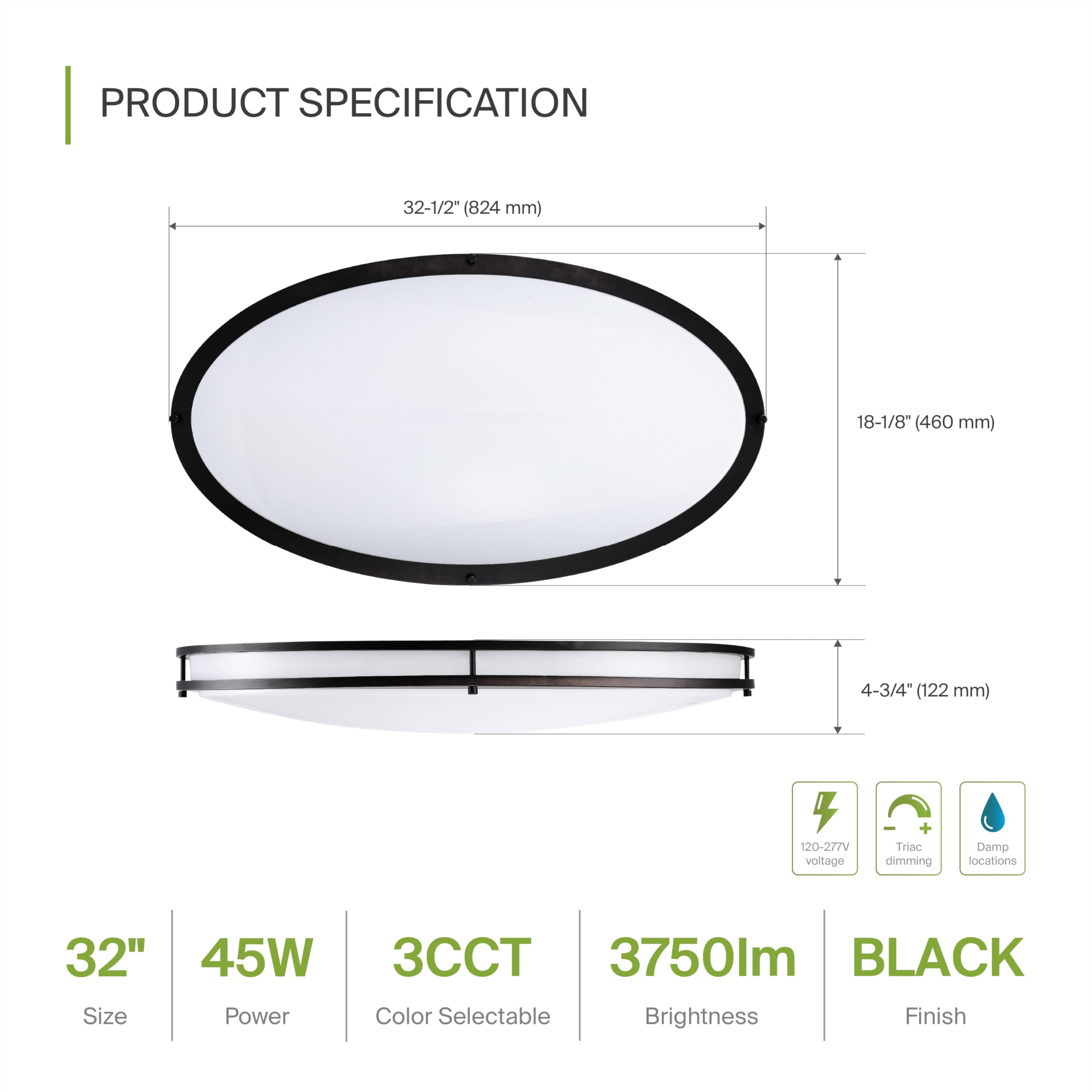 ASD LED Flush Mount Light Fixture, 45W 3750LM, 3000K-5000K, Dimmable, 32 Inch, Black, Model A-LFMOV-M