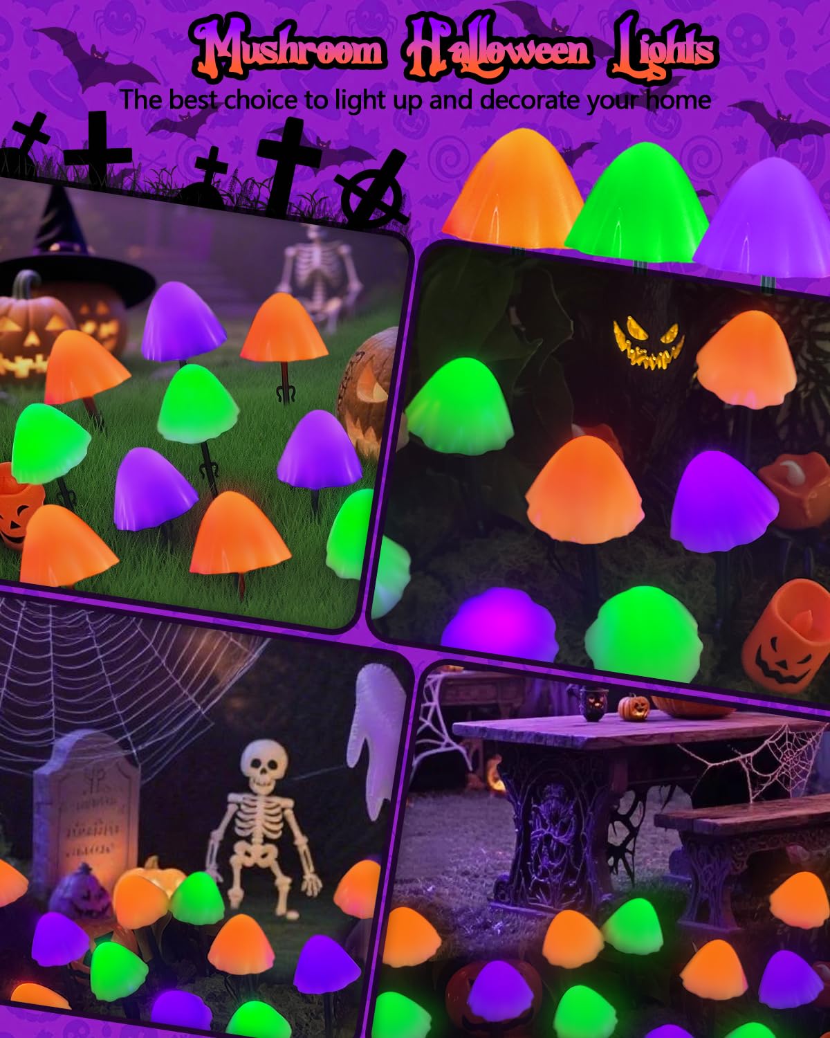 OZS Solar Mushroom String Lights, 2 Pack, 55FT, 32 LED, 8 Lighting Modes, Halloween Colors: Orange, Purple & Green