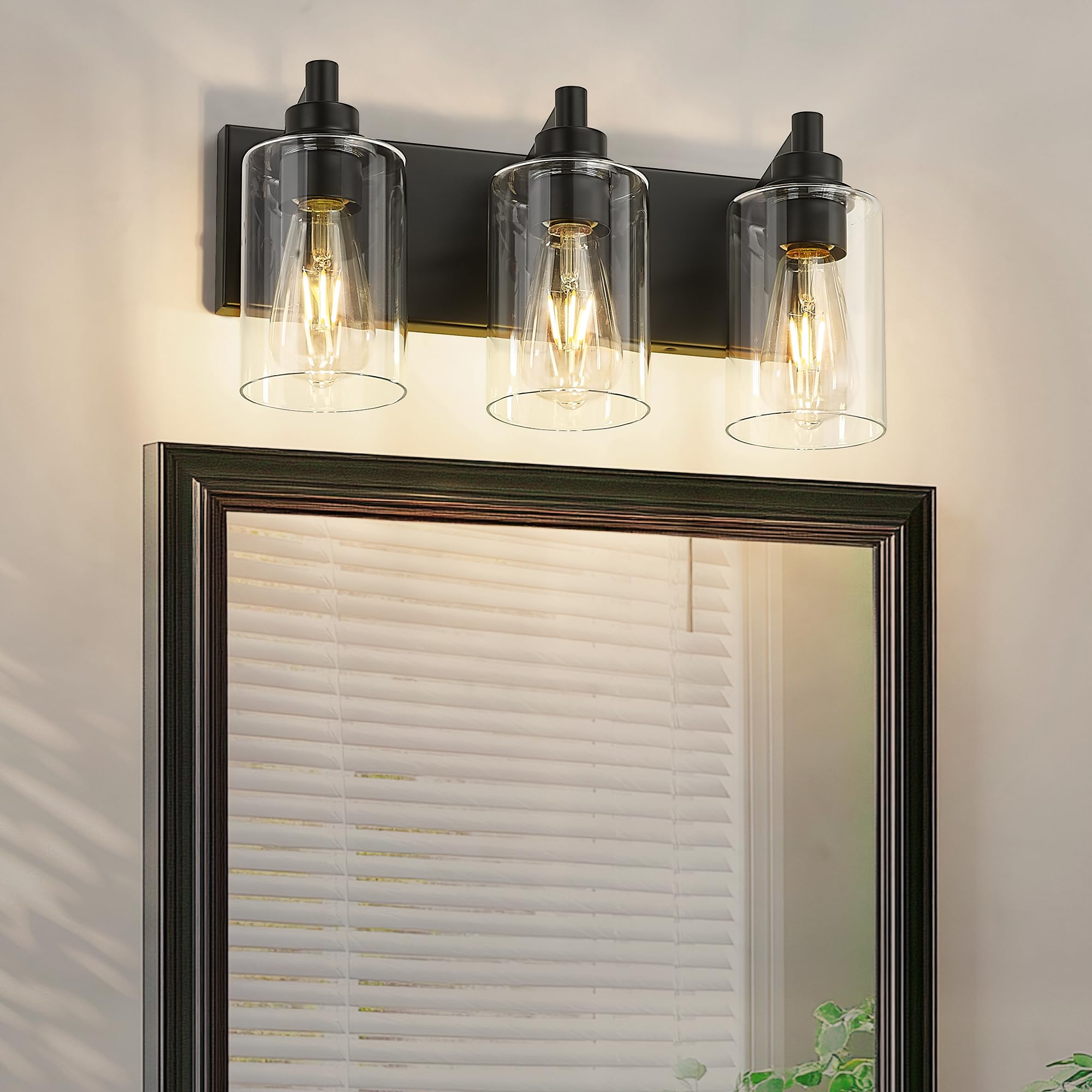 Metwet 3-Light Bathroom Light Fixtures, Black Vanity Light With Cylinder Clear Glass Shade, Modern Vanity Lighting Fixtures Over Mirror, Vl143-Mb-3