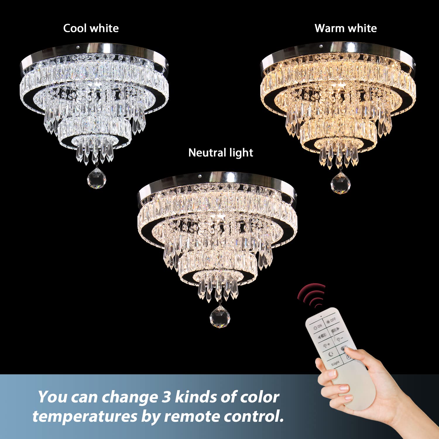 Finktonglan 16'' Crystal Ceiling Light, Modern Crystal Chandeliers With Remote Control, Led 2 Rings Flush Mount Ceiling Light Fi