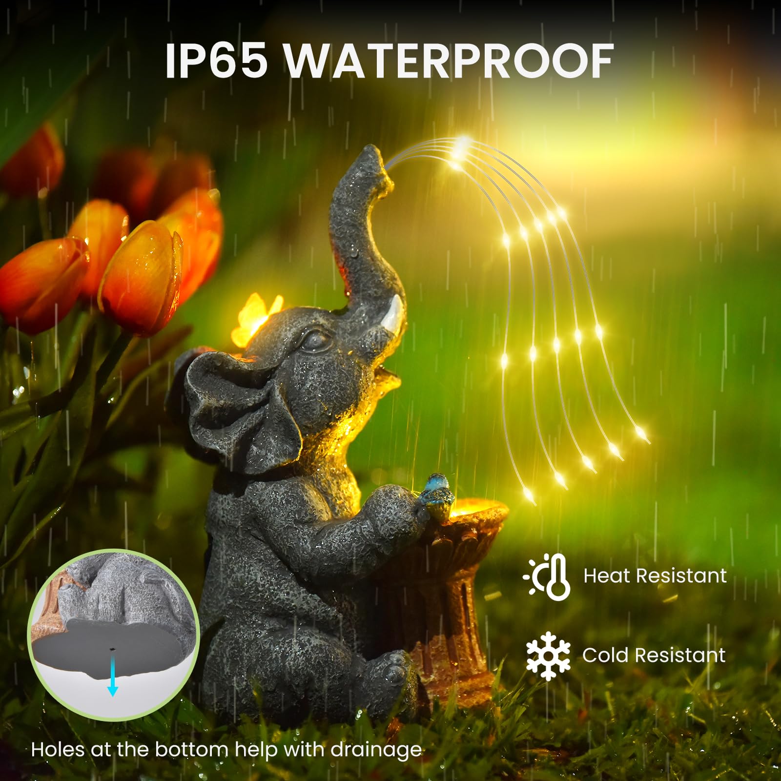 Goregent Garden Decor Watering Elephant Statue, Solar Light Ornament, 5.27x9.91x4.41in, Gray, Resin