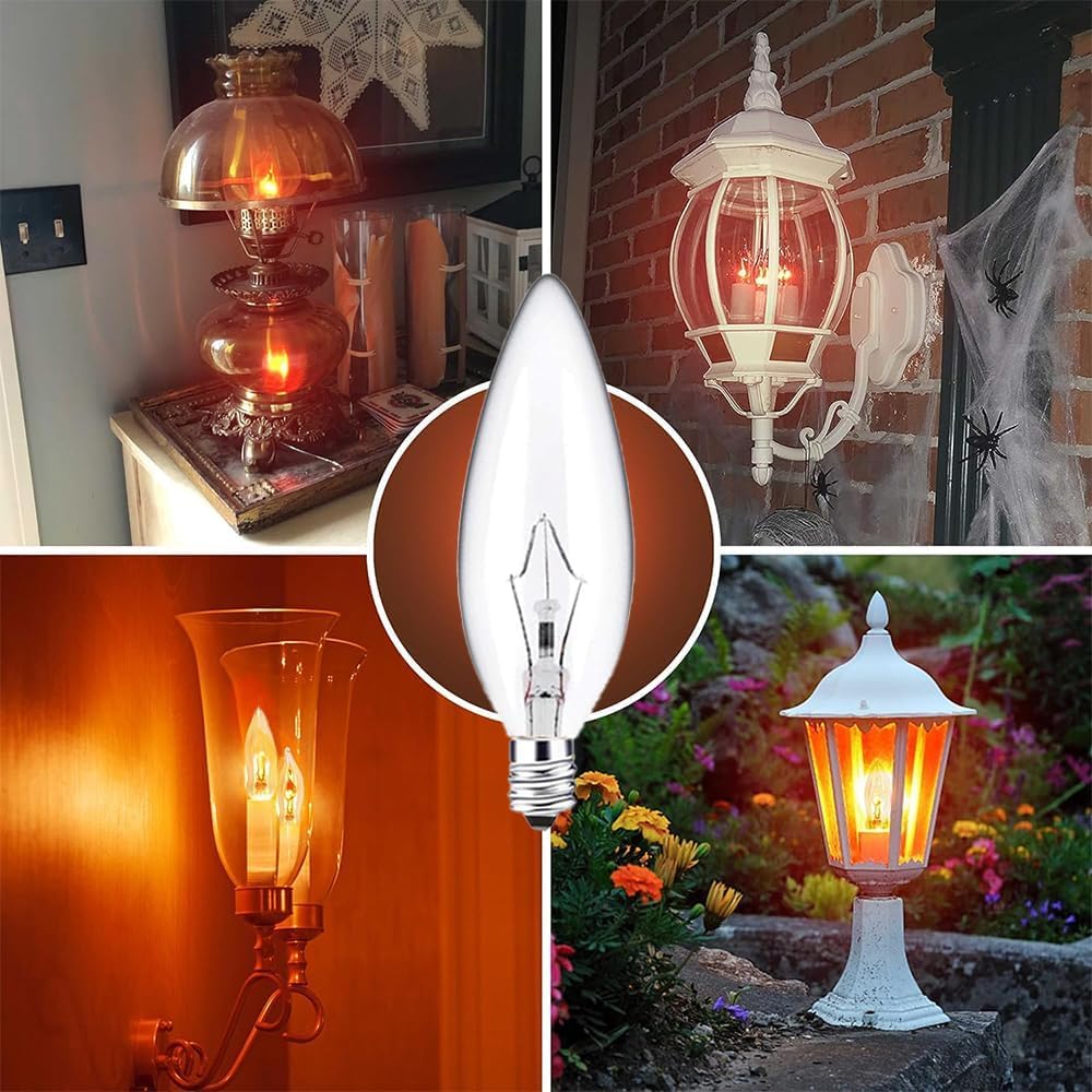 Seigun C32 Flame Shaped Clear Incandescent Chandelier Light Bulbs, Dimmable, Warm White, 60W, E12 Base, 12-Pack