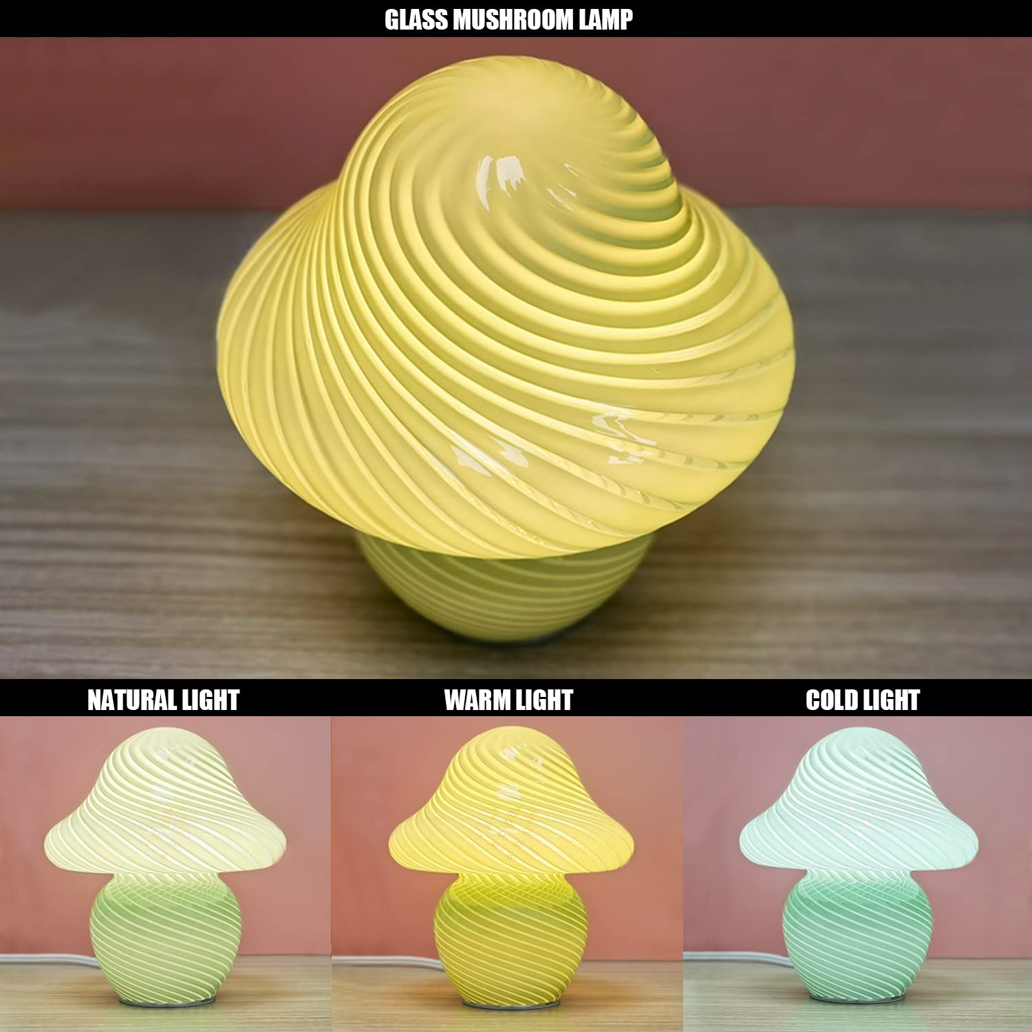 Cometmars Mushroom Lamp, Small Green Table Lamp With Striped Glass, Cute Little Swirl Sage Green Nightstand Lamp For Bedroom Bed