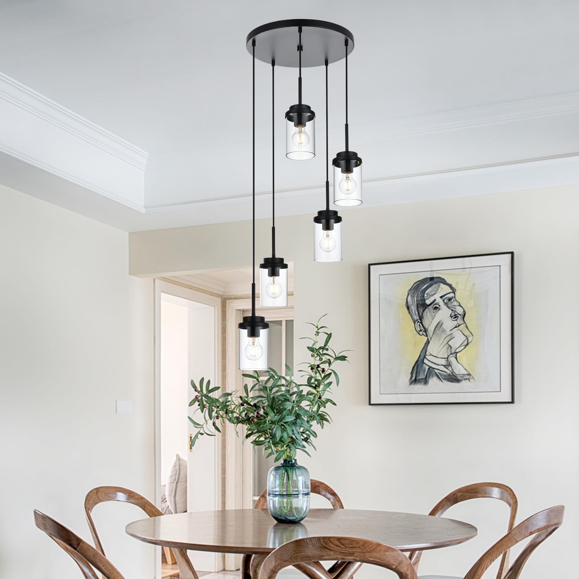 MELUCEE 5-Light Pendant Light Fixture, Black Metal with Clear Glass Shade, Modern Chandelier for Kitchen Island, Model 4-4501-5RD-BL