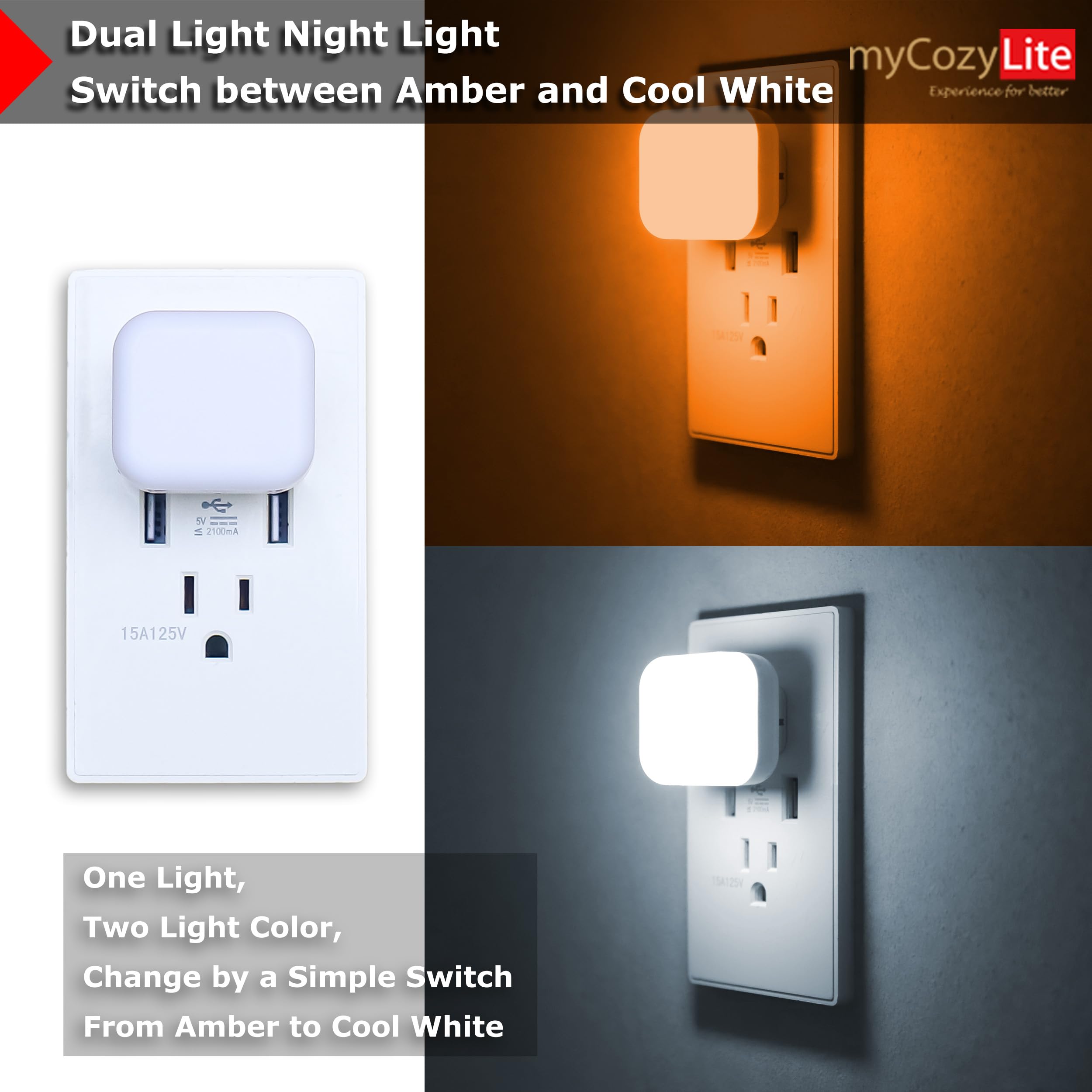 Dual Light Night Light, Plug In, Amber And Cool White Switch, Dimmable, Brightness Adjustable, Dusk To Dawn Sensor, Small Nightl