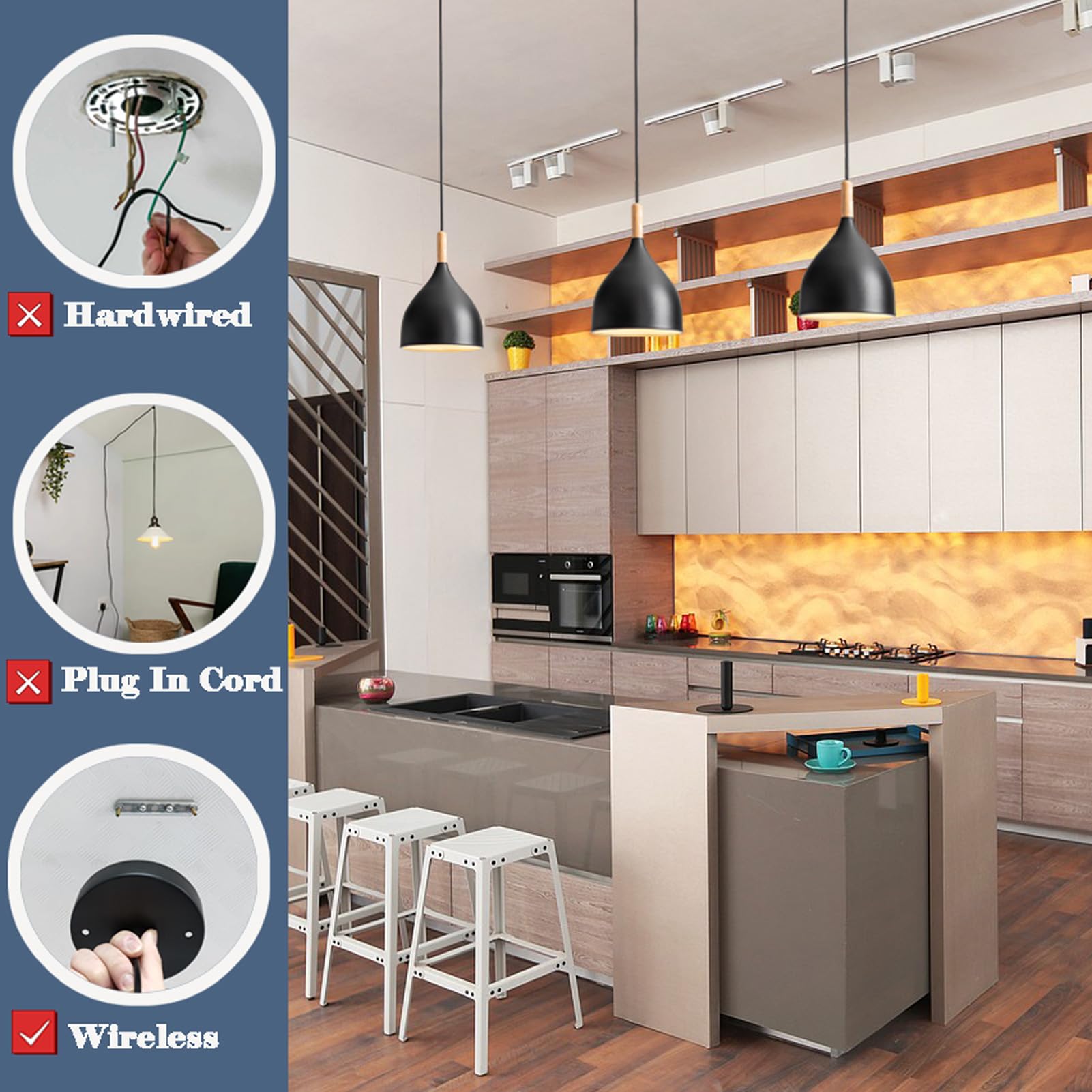 Civaza Battery Operated Hanging Light With Remote,Kitchen Island Chandelier Set Of 2 Non Hardwired,Battery Pendant Light With 50