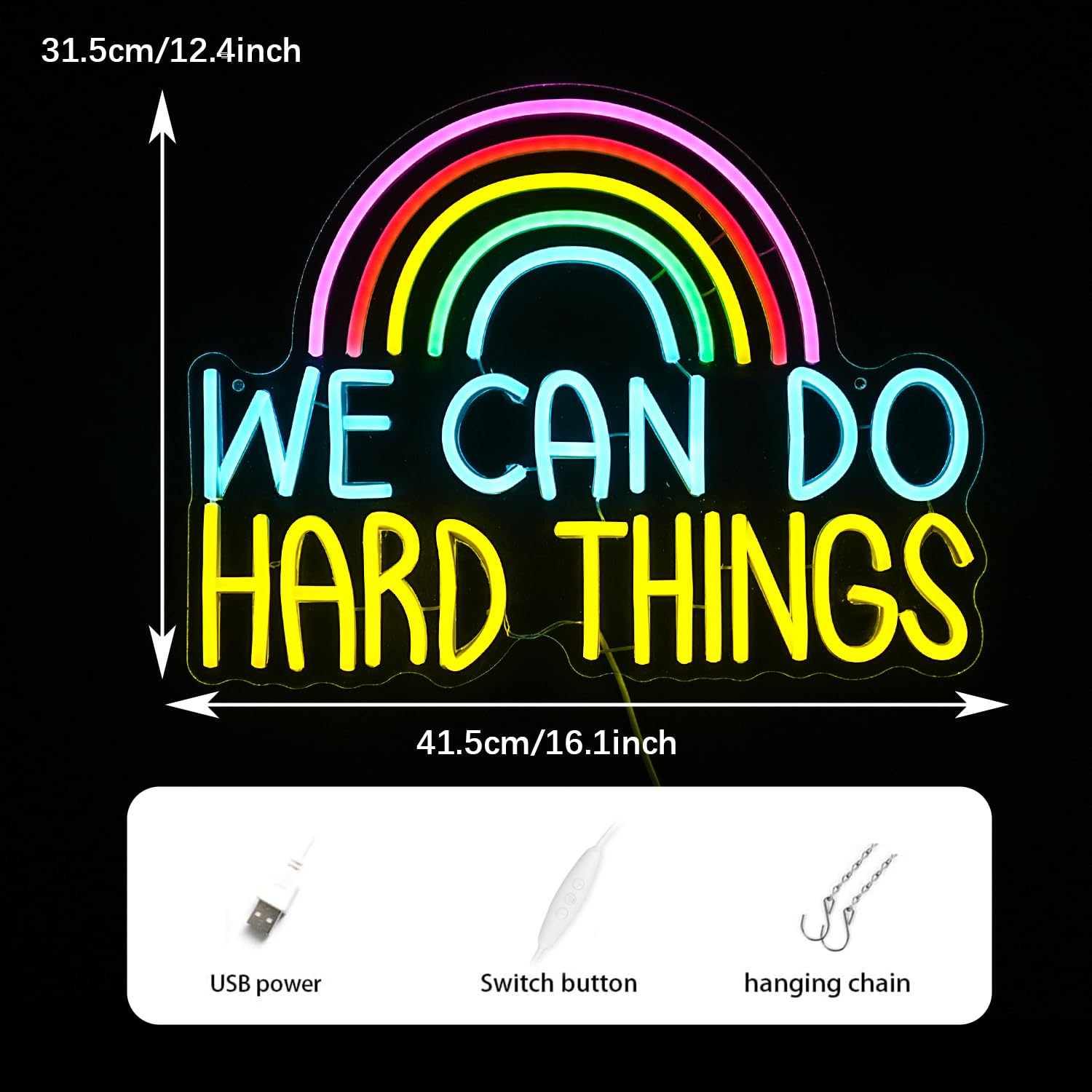 GNVETZLL We Can Do Hard Things Neon Sign - USB Powered, Dimmable LED, Multicolored, 16.3x12.4in, Perfect for Wall Decor & Parties