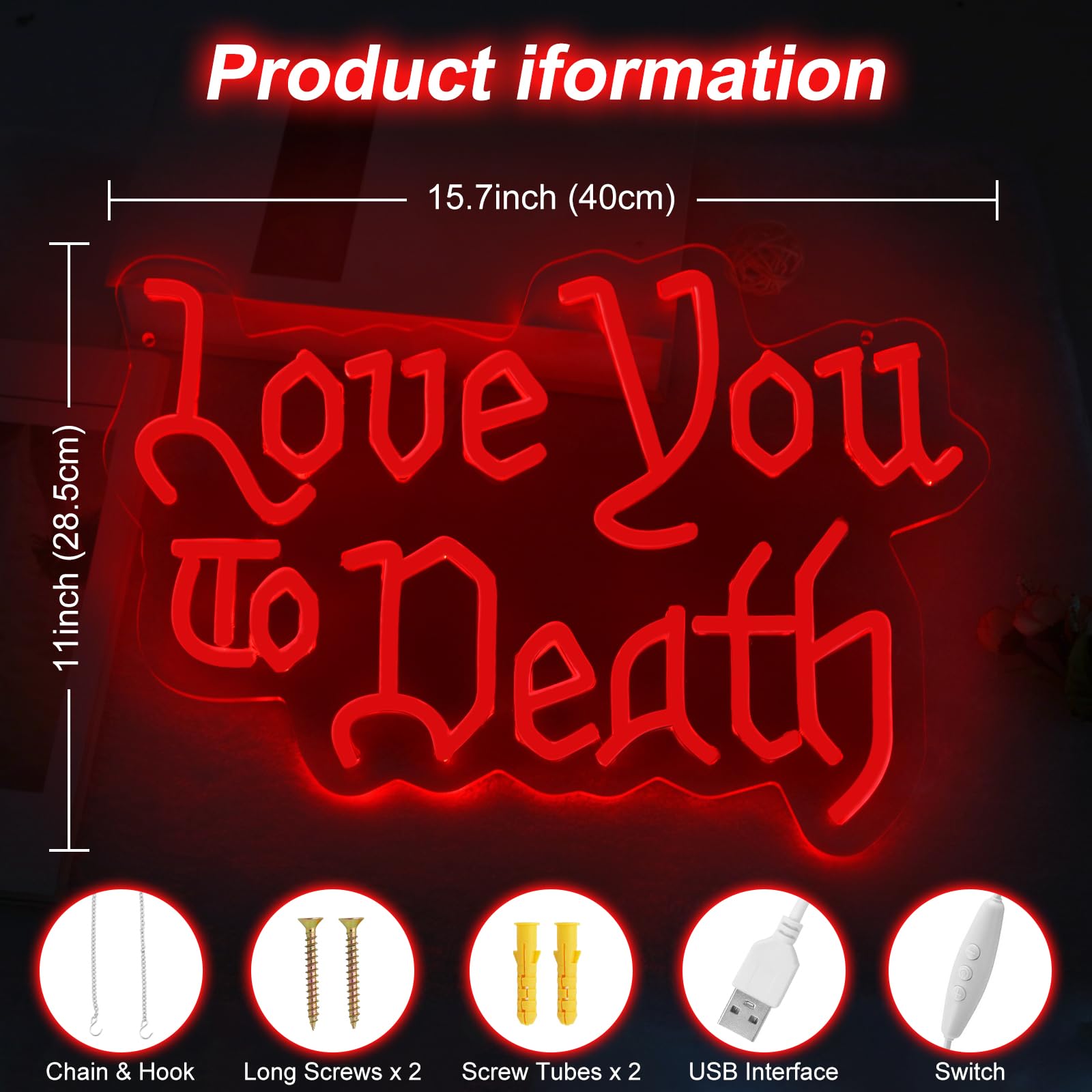 mllusxg Love You to Death Neon Sign, 5-Level Dimmable, Large, Goth Room Decor, Gothic Wedding Sign
