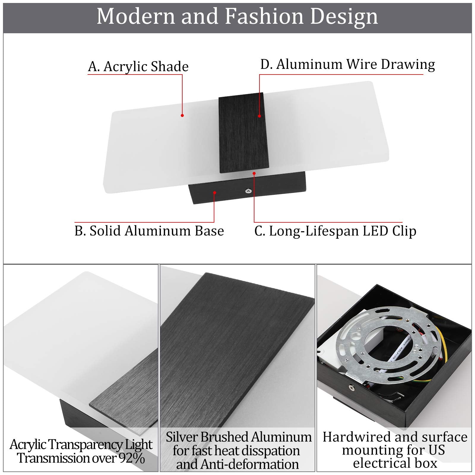 Lightess Modern Wall Sconce 12W Dimmable Acrylic Indoor Lamp Black Model 9930074-BJ