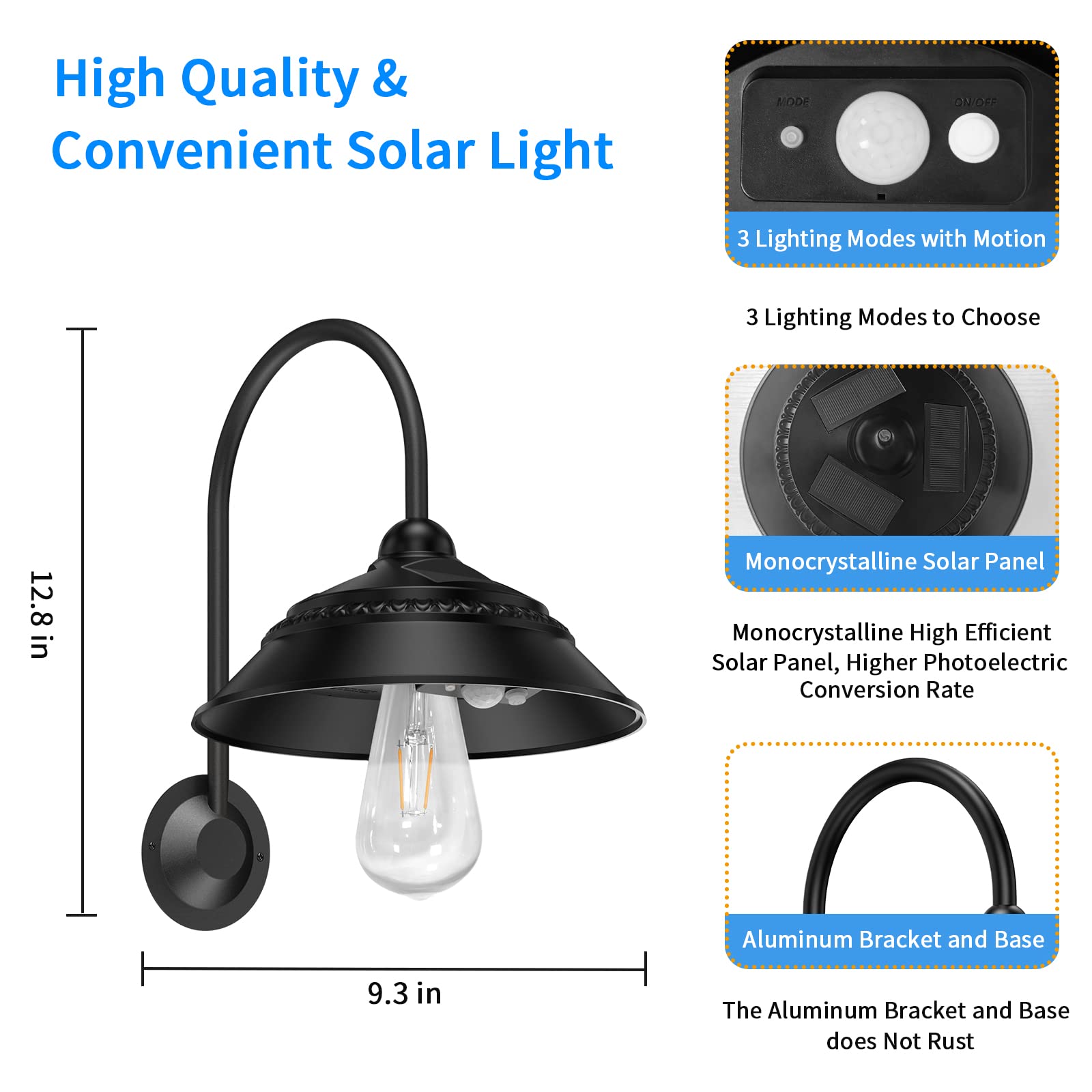Aqonsie Solar Barn Lights Outdoor, Vintage Design, 3 Lighting Modes, Motion Sensor, Waterproof, Black, 2 Pack, Model L-01
