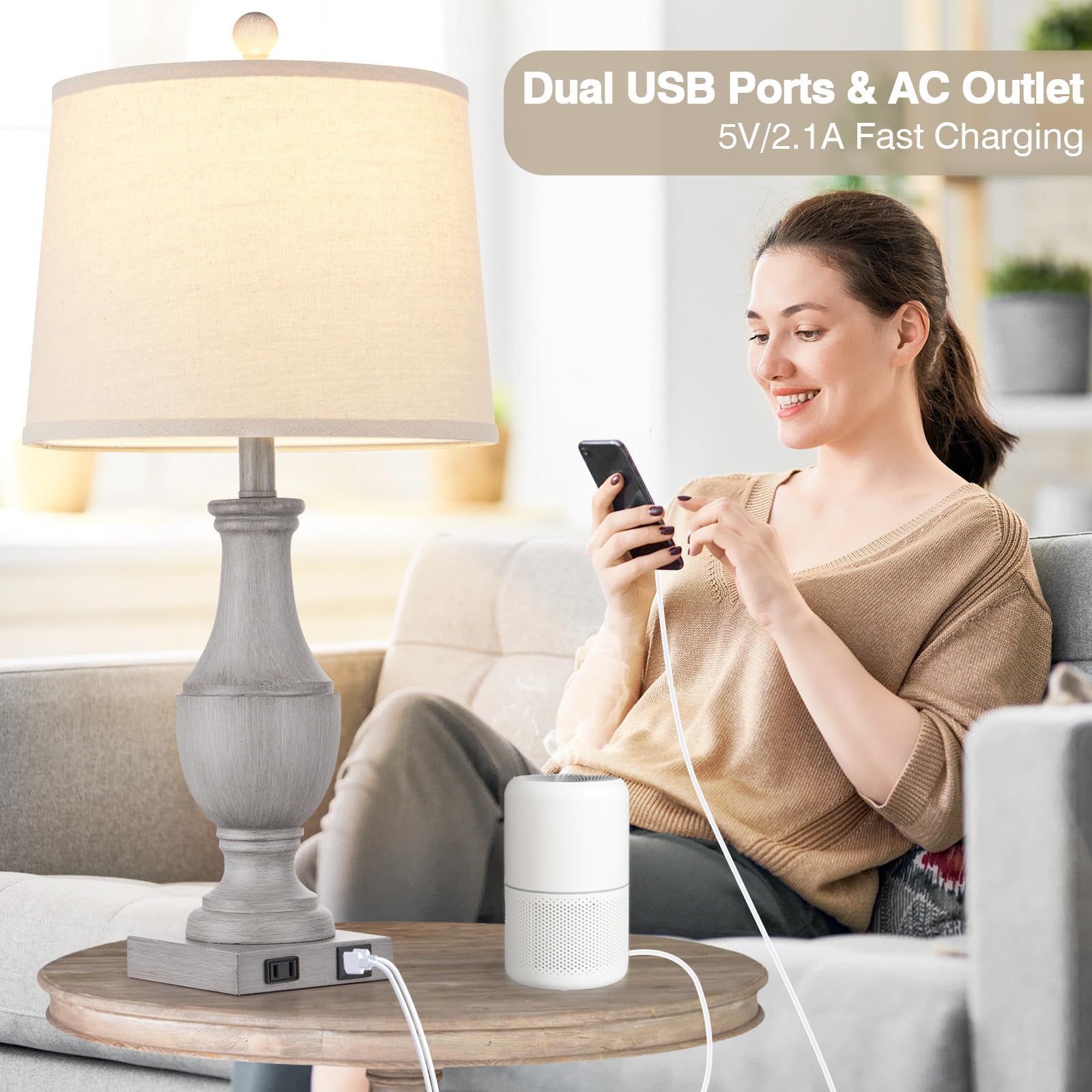 Farmhouse Table Lamps Set Of 2, Rustic 25'' Touch Control Bedside Lamps With 2 Usb Ports & Ac Outlet, Vintage 3-Way Dimmable Nig