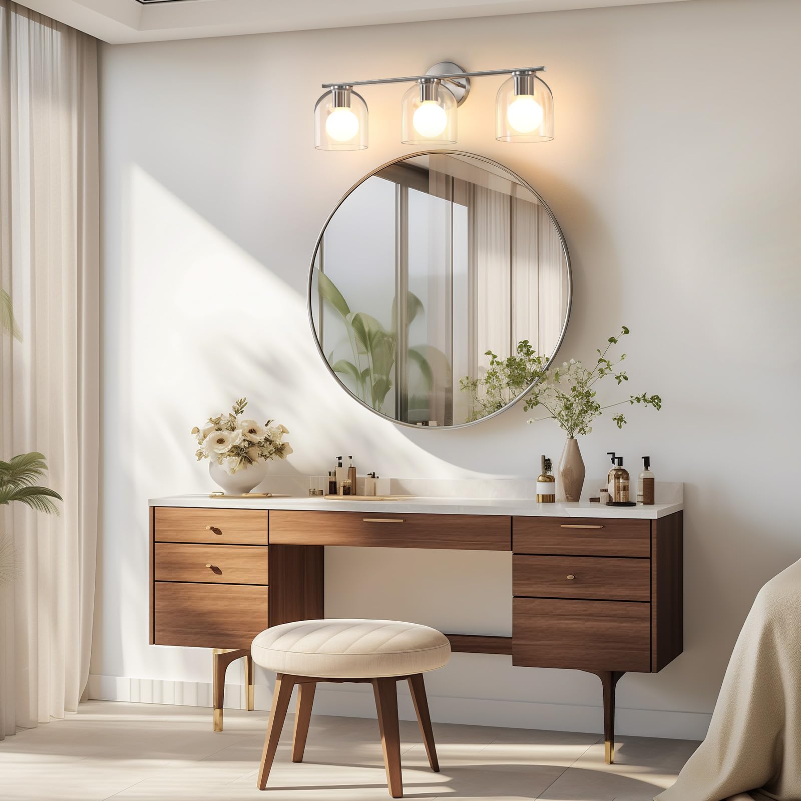 Woshitu Vanity Light Fixture: 23.3 Inch Modern Brushed Nickel Lights Over Mirror With Clear Glass Shade, 3-Light Farmhouse Bathr