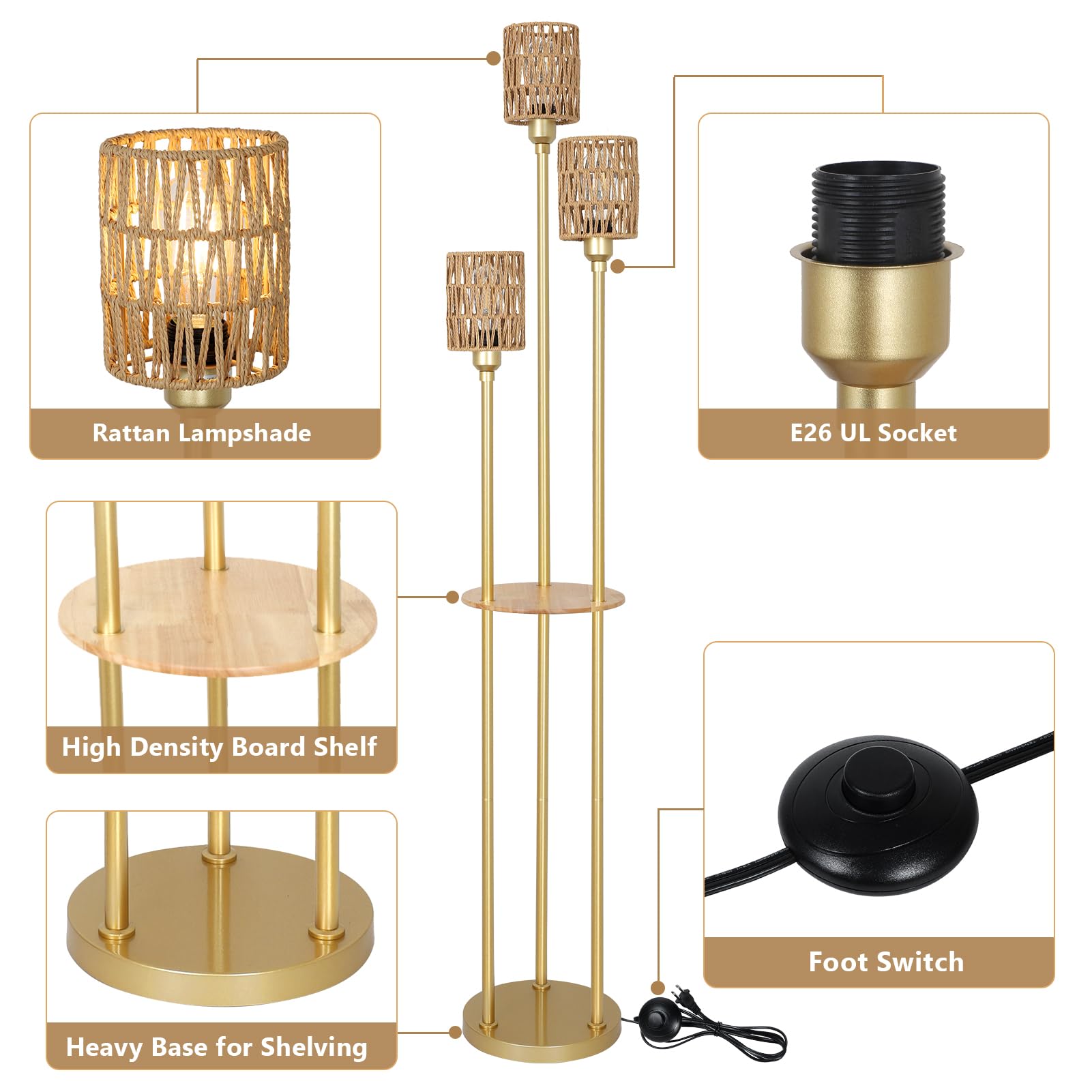 Stepeak Boho Floor Lamp With Shelves, 3-Lights Farmhouse Tall Floor Lamp With On/Off Foot Switch, Gold Modern Floor Lamps With R