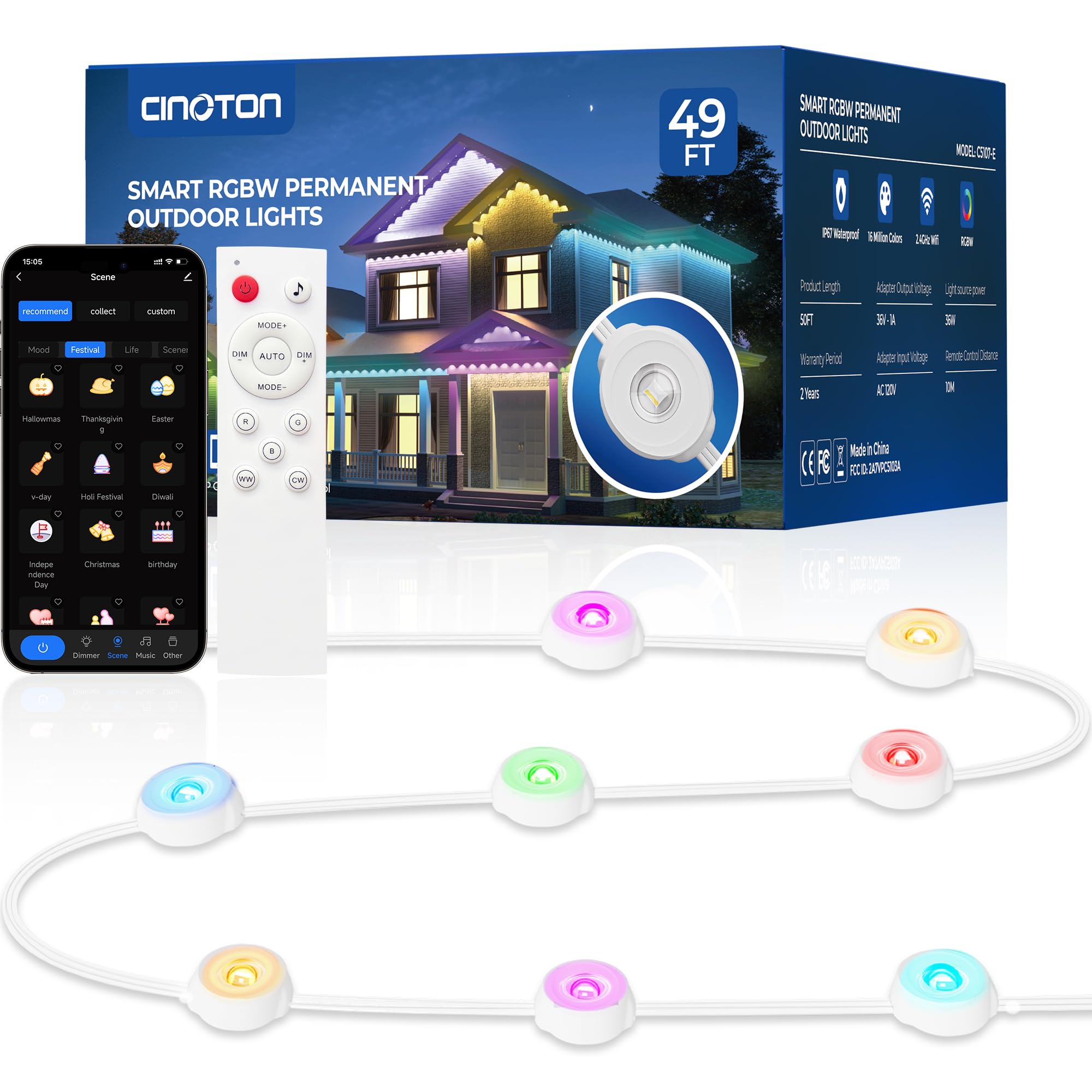 CINOTON Permanent Outdoor Lights 49ft, Smart RGBW Eaves Lights with 36 LEDs, IP67 Waterproof, 111 Scene Modes for Daily and Fest