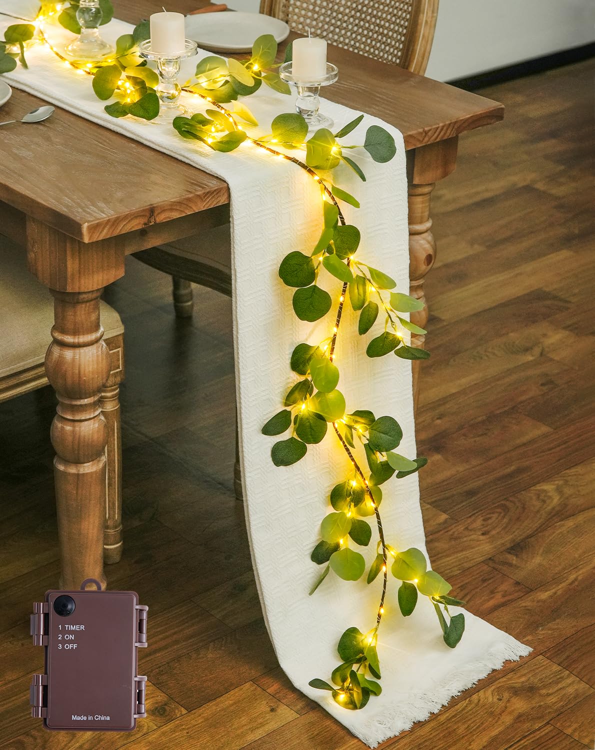 JMEXSUSS Artificial Eucalyptus Garland with Lights, 6FT Lighted Spring Garland Battery Operated with Timer for Mantel Fireplace 