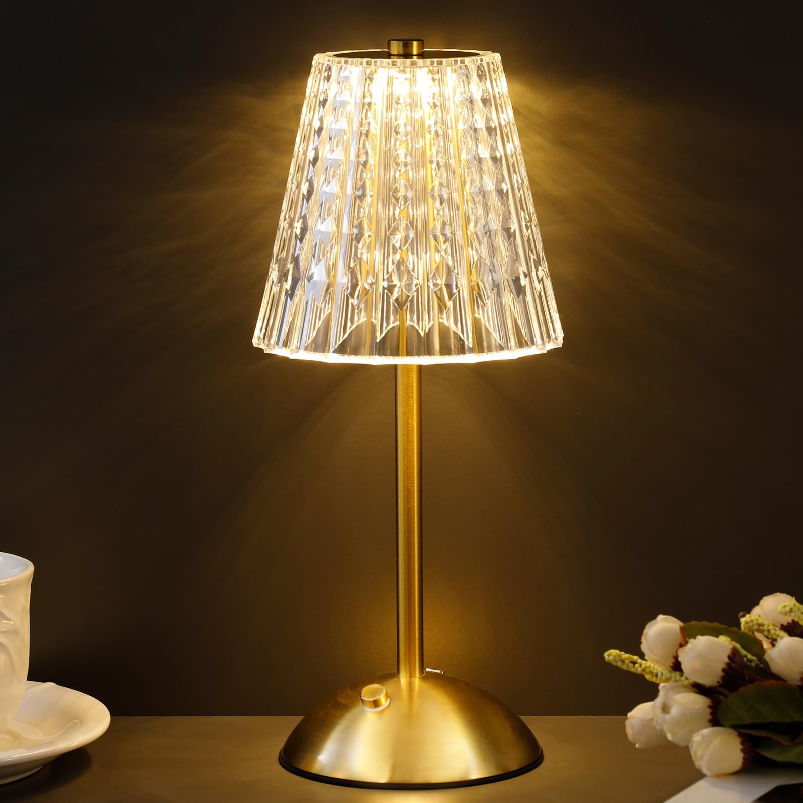 Fsaox Cordless Table Lamp - Touch Control, 3000mAh Rechargeable, Dimmable Ambient Light, Brass & Crystal, Model F-TL-003