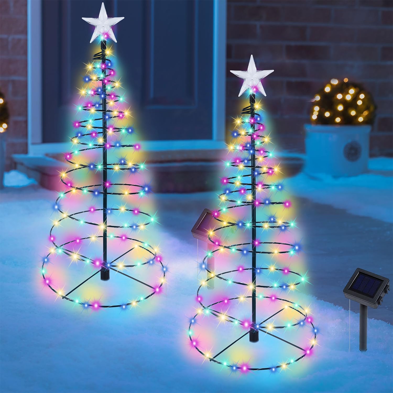 Dynaming 2 Pack Solar Spiral Christmas Trees with Multicolor Lights, 26 Outdoor Light Up Xmas Pathway Markers with Stake, Auto O
