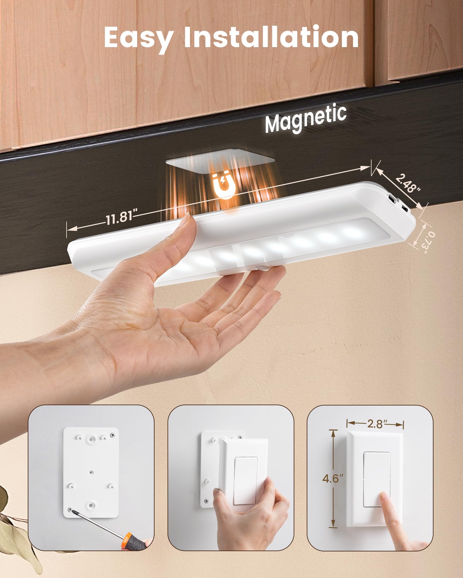 SURAIELEC Rechargeable Under Cabinet Light, 6500K, 150LM, Wall Switch & Motion Sensor, White, Model UUCL11A, 1-Pack