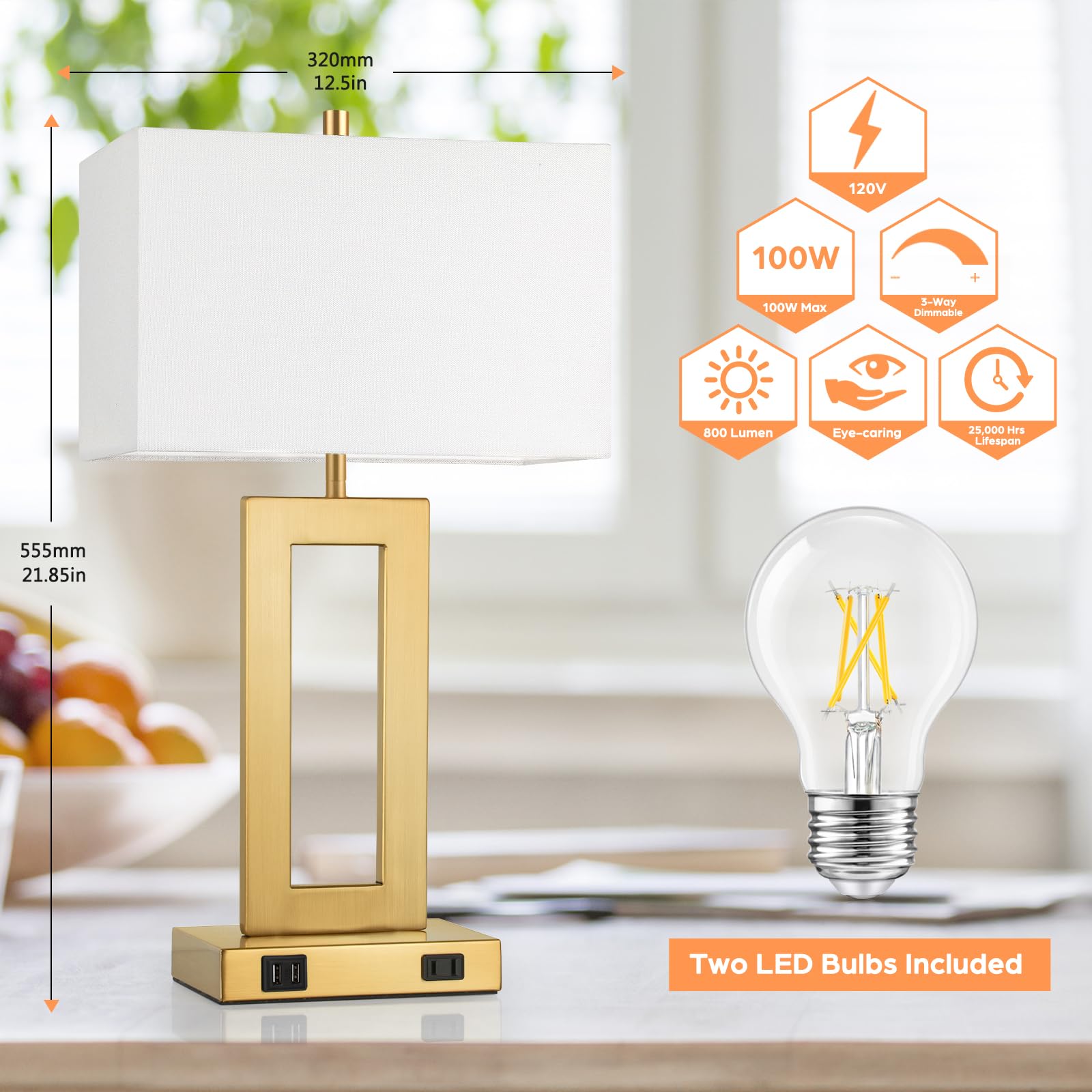 TOBUSA 22" Gold Table Lamps Set of 2 with USB, Touch Control, 3-Way Dimming, E26 Bulbs, Vintage Modern Design for Bedrooms and Living Rooms