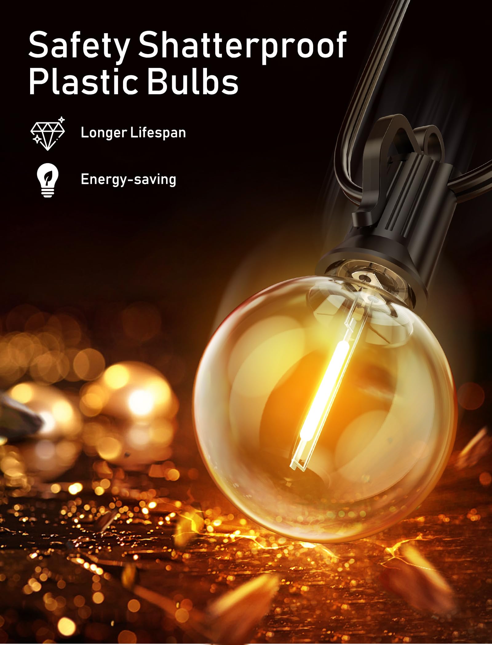 Outdoor String Lights Hanging Globe Patio Lights With 50 G40 Shatterproof Bulbs(2 Spare), Ip44 Waterproof Connectable Commercial