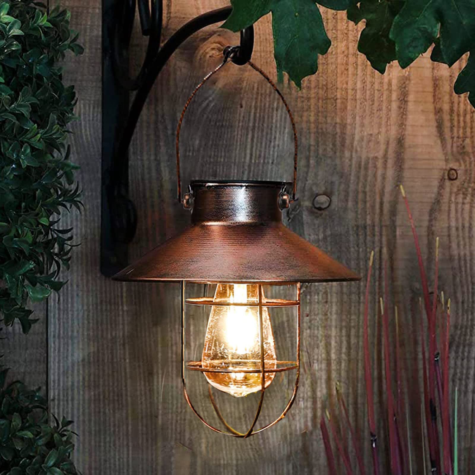 pearlstar Solar Lantern Outdoor Light Metal Farmhouse Design Warm White Bulb Brushed Copper 049
