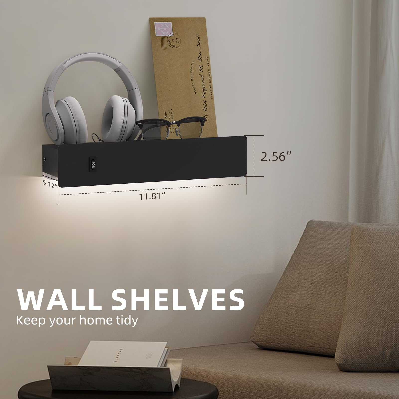 HYMELA M12 Black Wall Sconce with Shelf, Metal, USB Port, Motion Sensor, Hardwired or Plug-in, Modern Design for Living Room/Bedroom