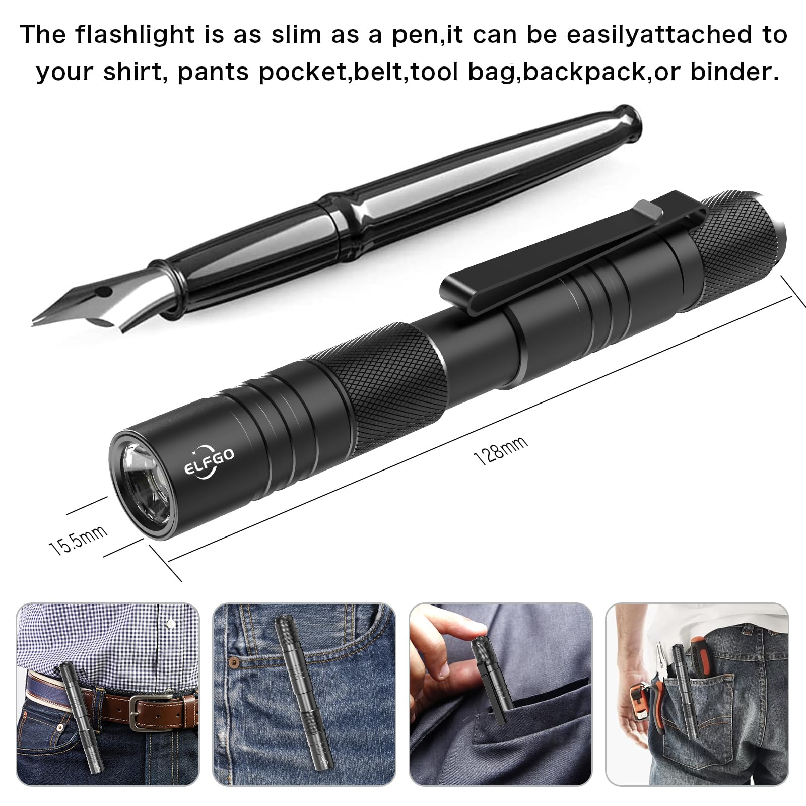 Elfgo Rechargeable Pen Light Flashlight, Zoomable Led Penlight Flashlight 3 Modes, 350 Lumens Pocket Size Clip Flashlight Small