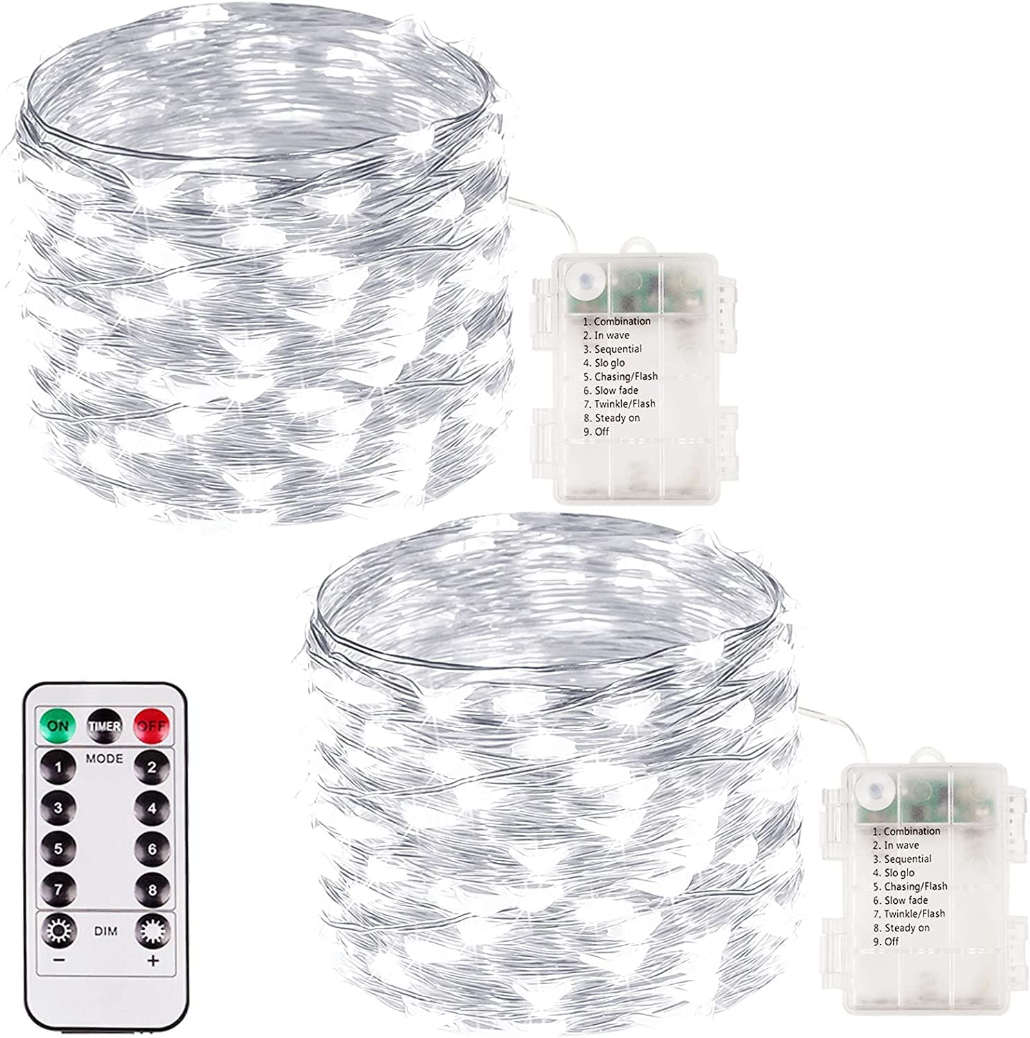 Albelt 2 Pack 100 LED Fairy Lights, Battery Operated, 33FT Waterproof, Remote, Timer, 8 Modes, Cool White, Model Sliver100