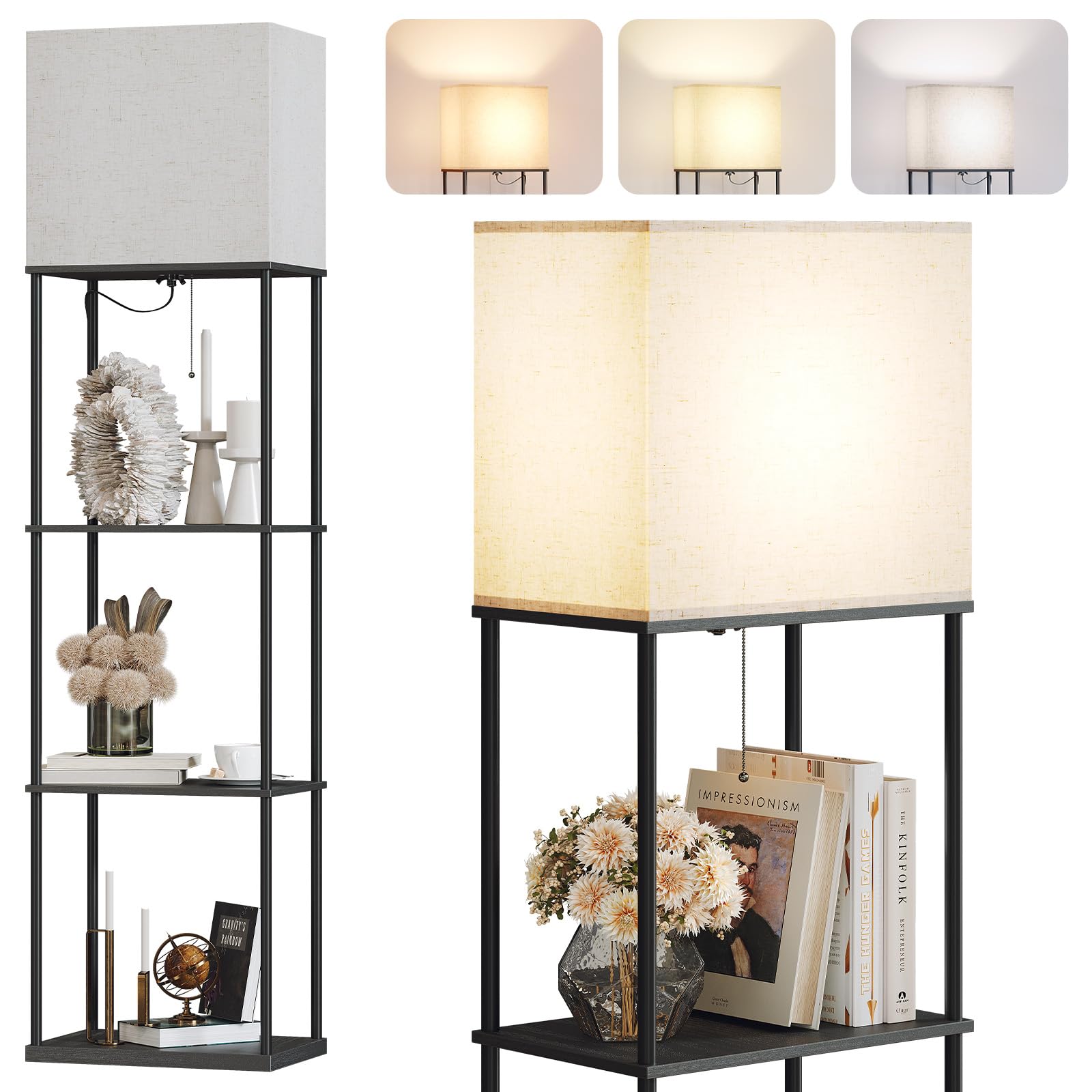 SUNMORY Large Size Floor Lamp with Shelves, 4-Tier Modern Standing Lamp with 3 Color Temperature Bulb, Tall Floor Lamp with Shelf, Corner Display Bookshelf Lamps for Living Room, Bedroom, Office