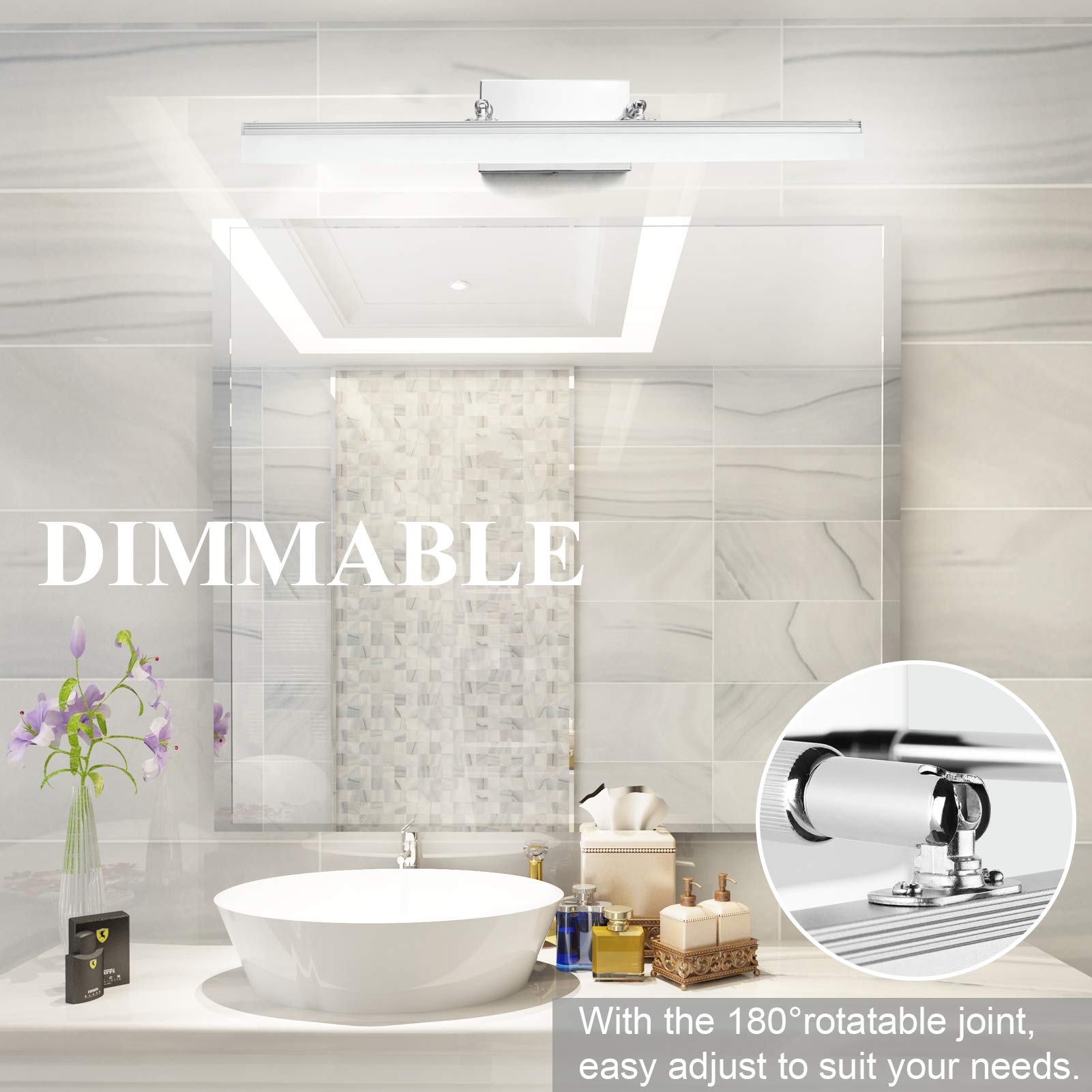 Aipsun 24" Dimmable LED Vanity Light Fixture - Polished Chrome, Stainless Steel Base, Model 6480-14W