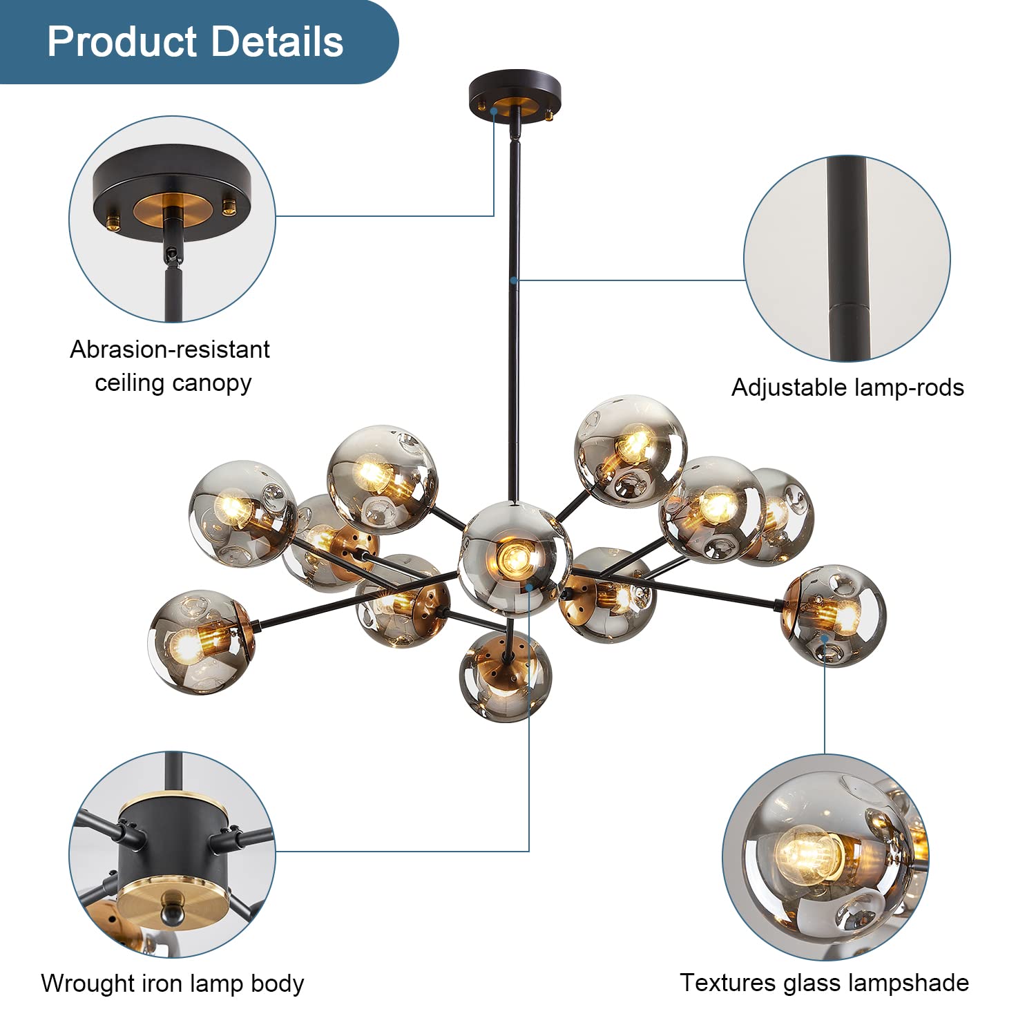 DDLLDESHI 12-Light Modern Black Chandelier with Glass Shades - 34" Sputnik Ceiling Light for Dining Room, Kitchen, Living Room, Office