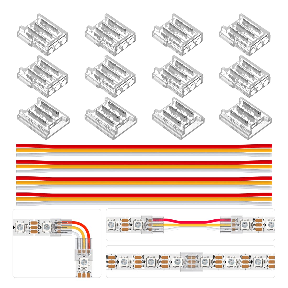 BTF-LIGHTING 3 Pin Connector Kit, 8pcs Corner Connectors, 4pcs Solderless Connectors, 5.9in 22AWG Wires, Multicolor
