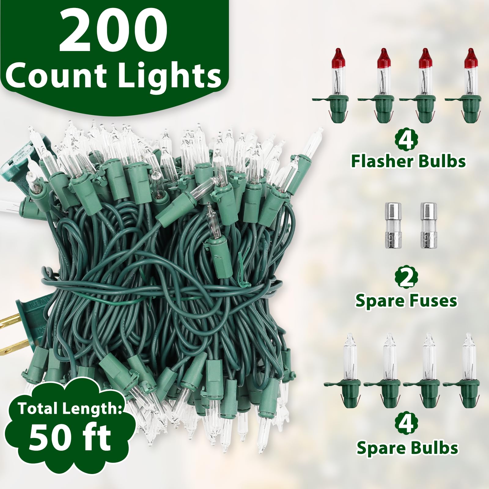 Cxlho Clear Christmas Lights 50Ft 200 Incandescent Bulbs Warm White Mini Lights With Green Wire For Christmas Tree, Garland, Tha