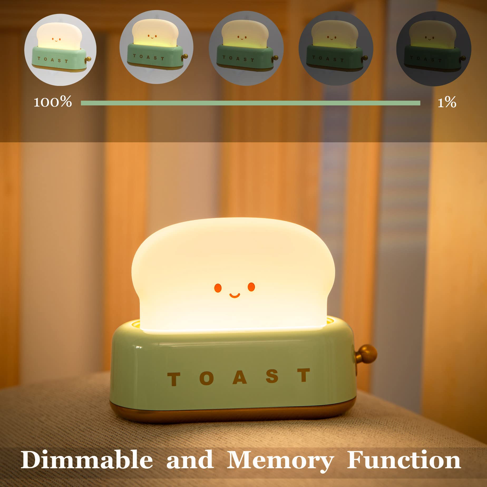 Cute Toast Lamp,Smile Face Night Light, Led Dimmable Bread Light,Rechargeable Desk Decor Lamp With Timer,Sleep Lamp For Bedroom Bedside Decorations,Aesthetic Gifts For Teen Girls (Green)