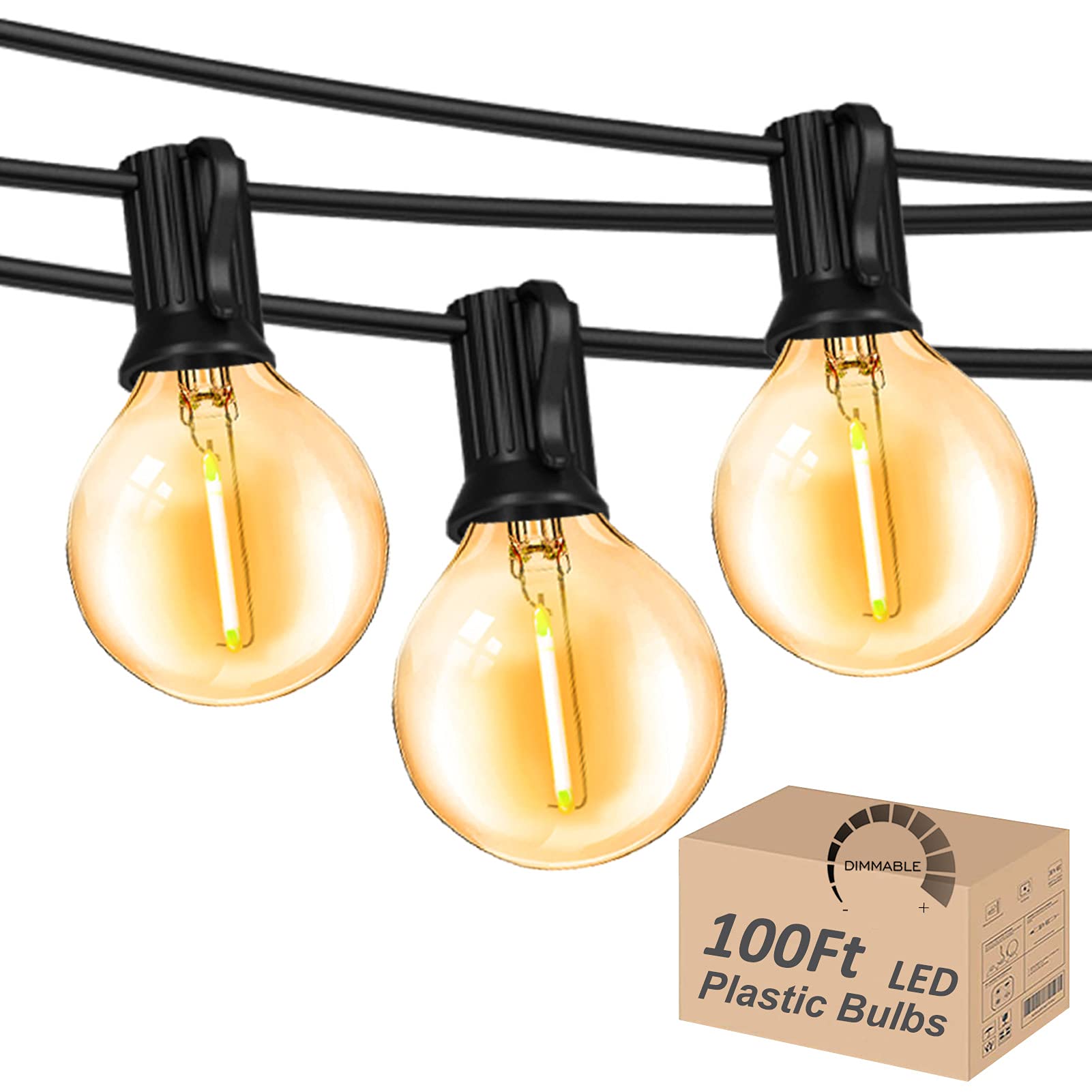 DAMAING Outdoor Globe String Lights, 100FT with 52 Dimmable G40 LED Bulbs, Shatterproof, Waterproof, Black G40 Bulbs