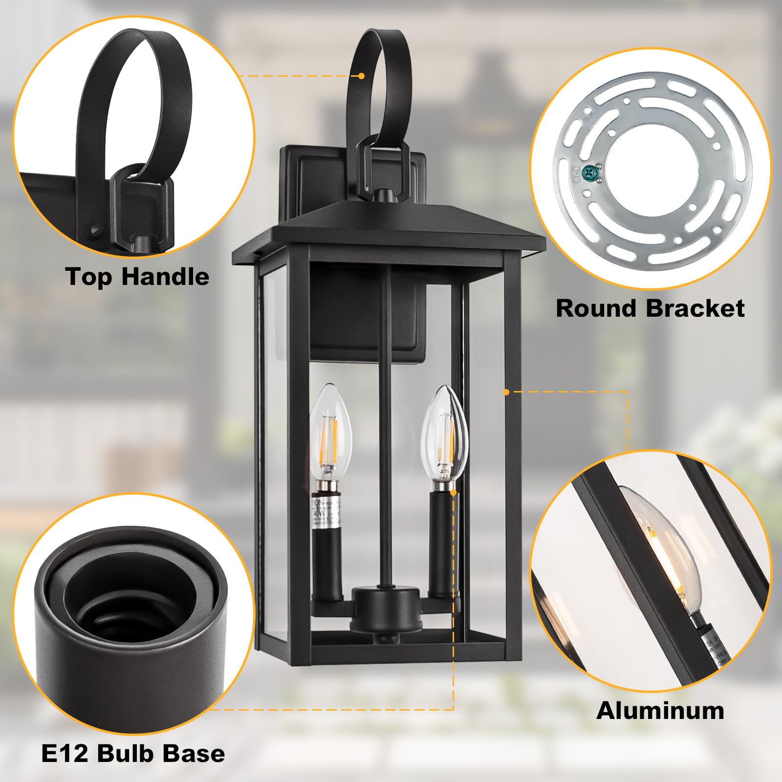18" Large Black Outdoor Wall Light Fixture, 2-Light Waterproof Etl Listed Outdoor Wall Lamp With Clear Glass, E12 Socket, Aluminum Outside Garage Light Lantern For House, Porch, Patio, Garage