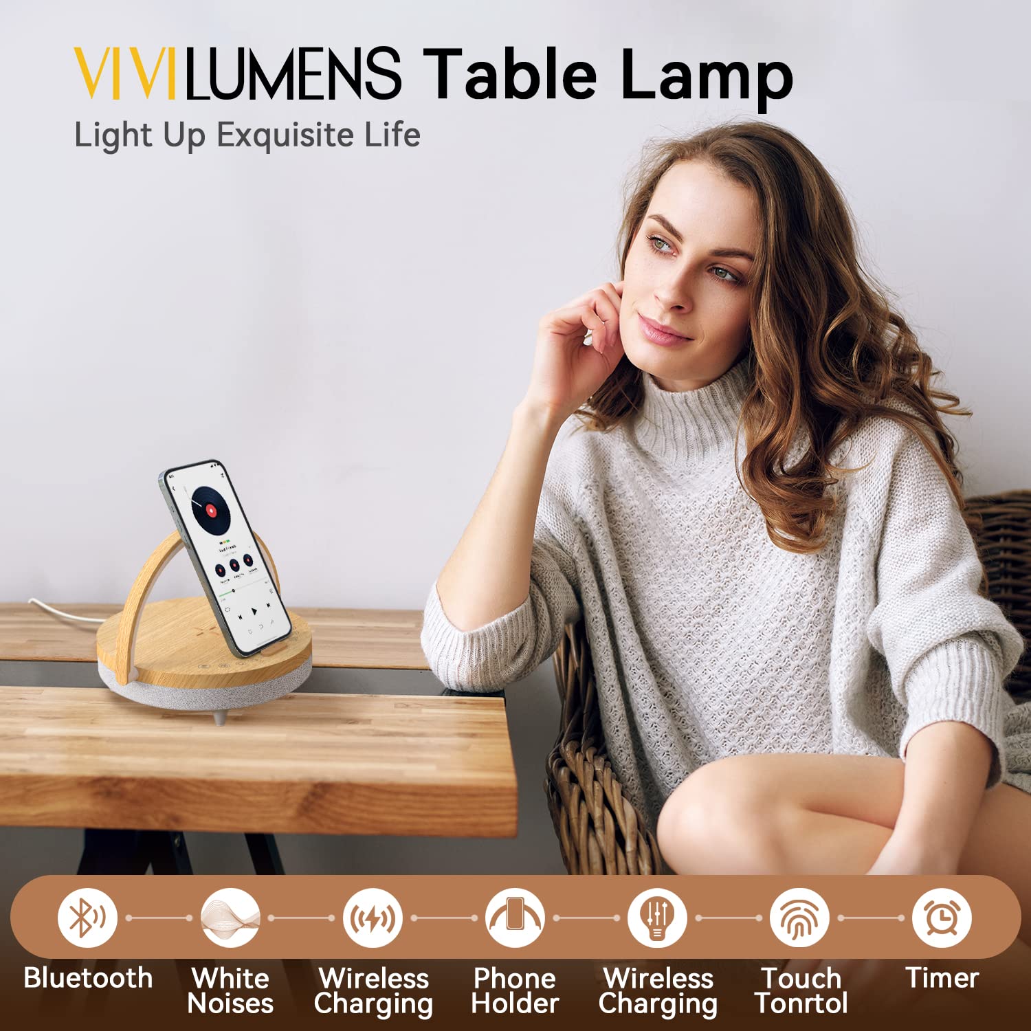 Vivilumens Bedside Lamp with Wireless Charger, Touch Control, 3-Level Dimmable, White Noise, Bluetooth Speaker, S22 Model, White Noise Upgrade