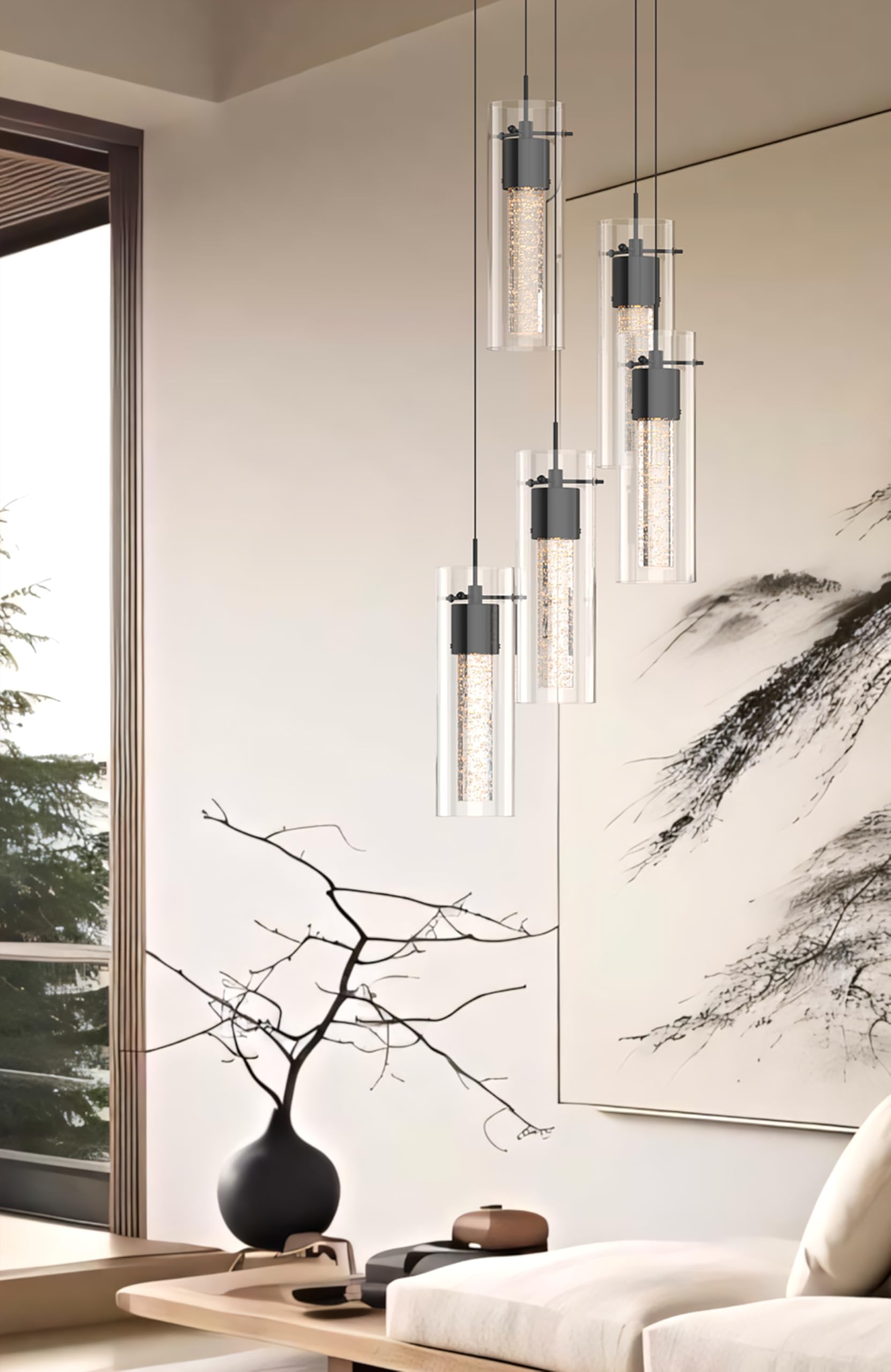 Tawson 5-Light Chandelier Pendant Ceiling Light, Integrated LED, Bubble Glass, Black, Special Edition