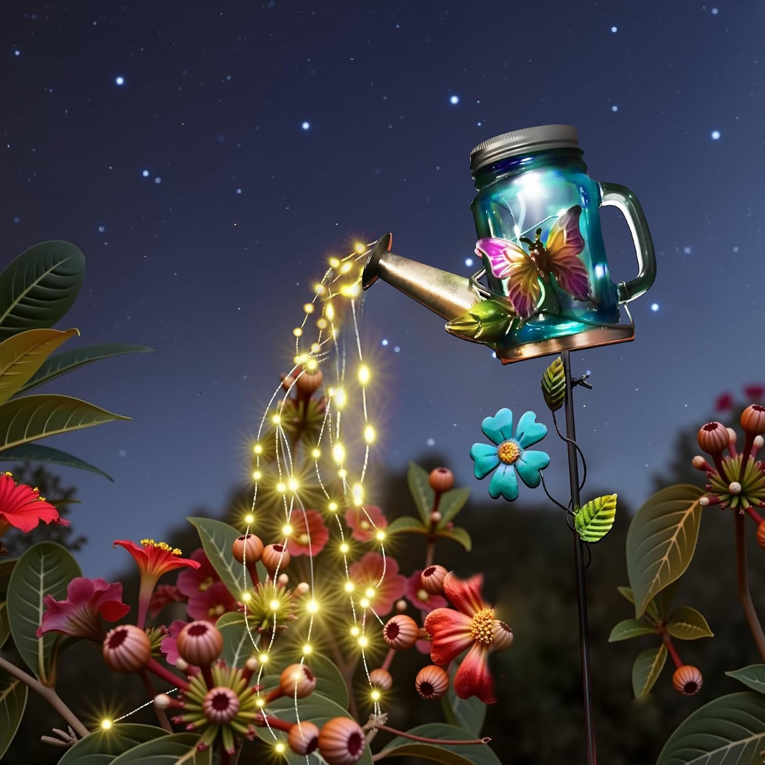 SRNPMIU Solar Watering Can Light, Yard Outdoor Decor Lights, IP65 Waterproof, Hanging Butterfly Garden Light, Outside Garden Flo